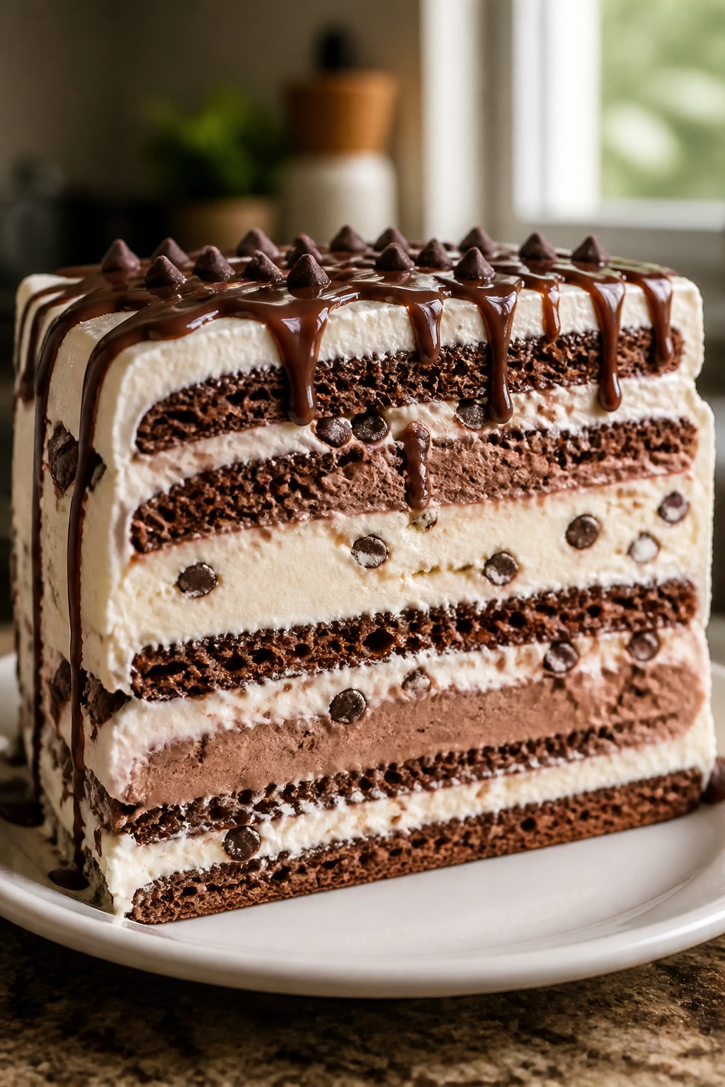 Close-up of layered ice cream sandwich cake slice with frosting and fudge in a kitchen