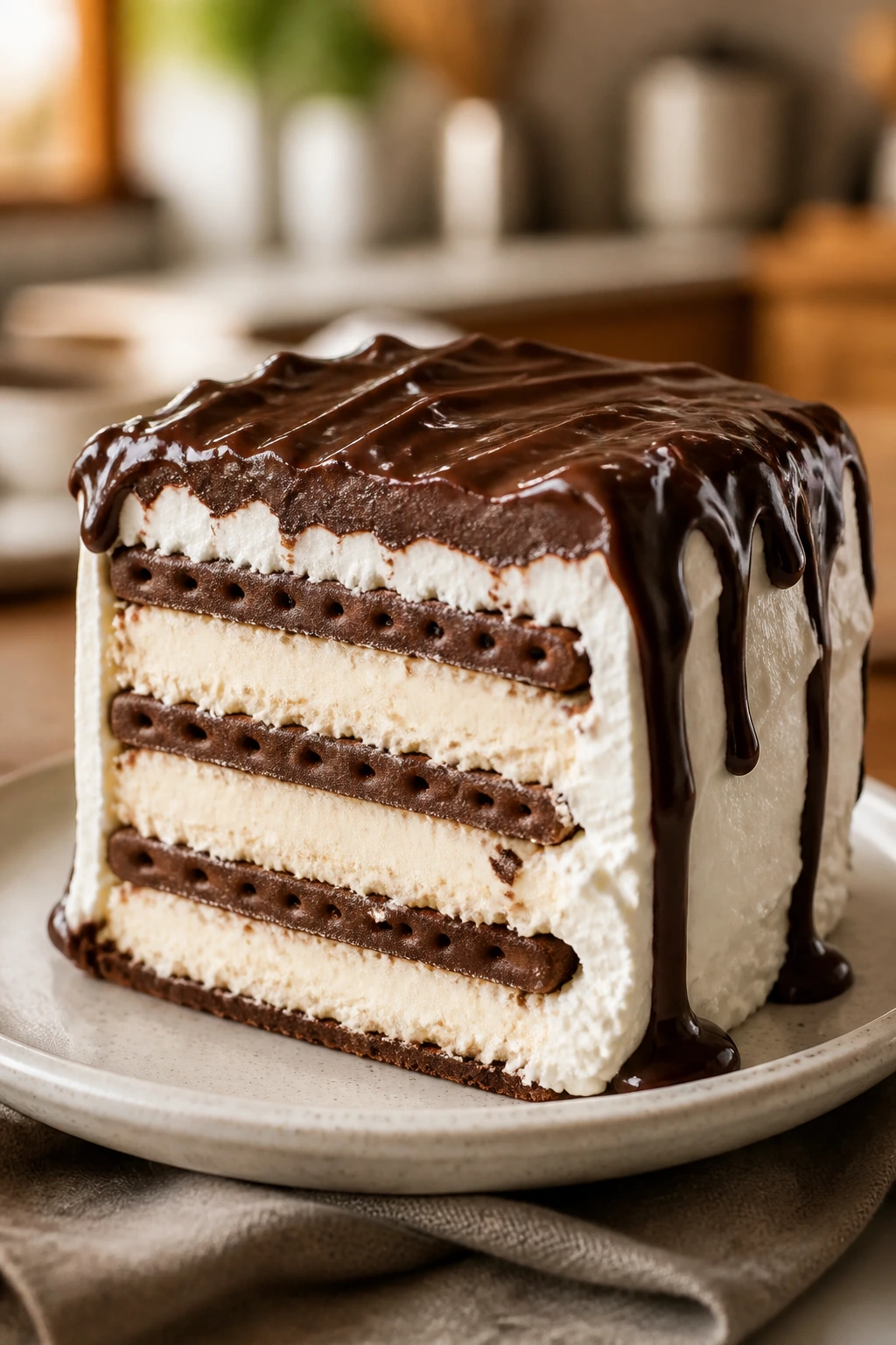 Thick slice of ice cream sandwich cake with frosting and fudge on plate