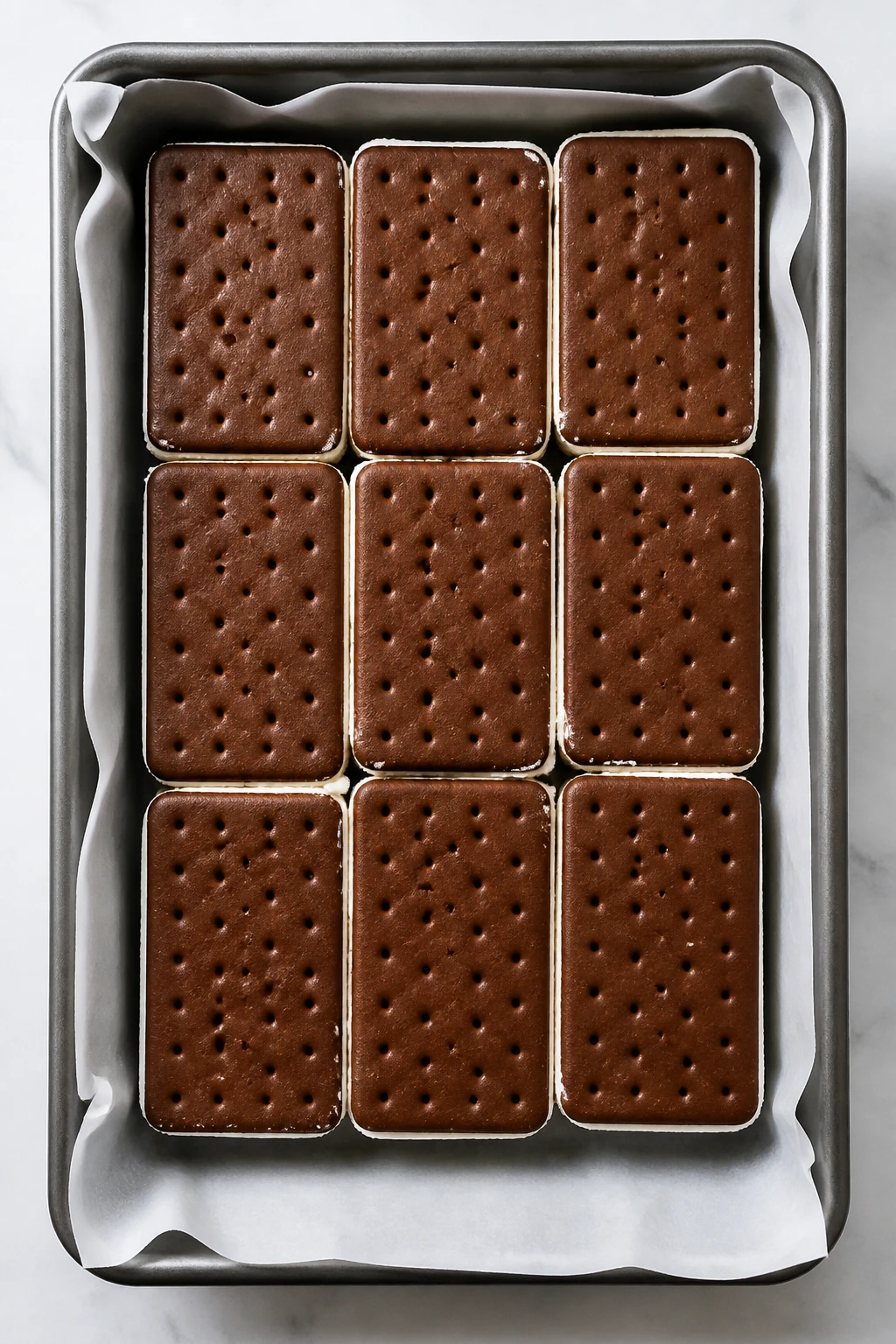Top-down view of ice cream sandwich cake layer in pan ready for frosting