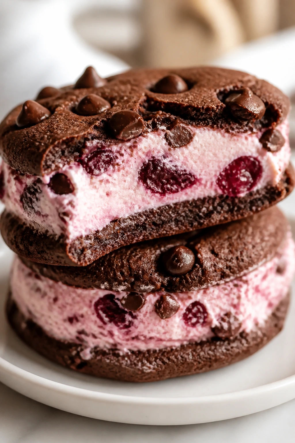 Cross-section of cherry chocolate chip ice cream sandwich on plate.