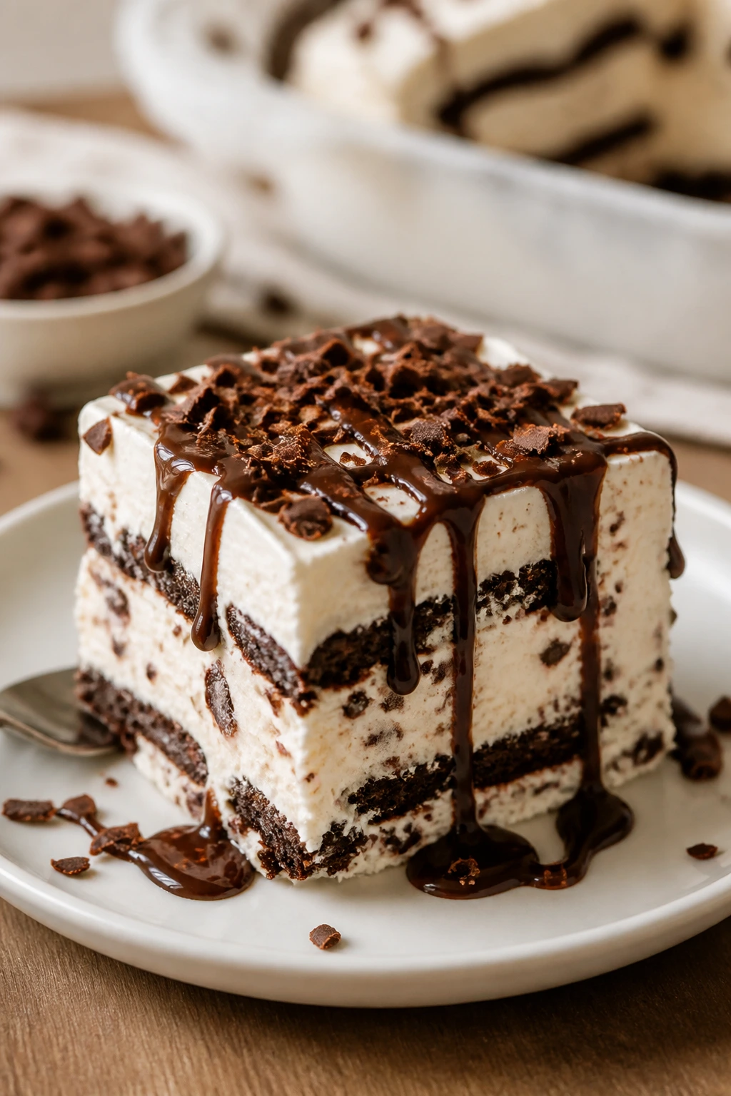 Single square slice of ice cream sandwich cake with fudge drizzle