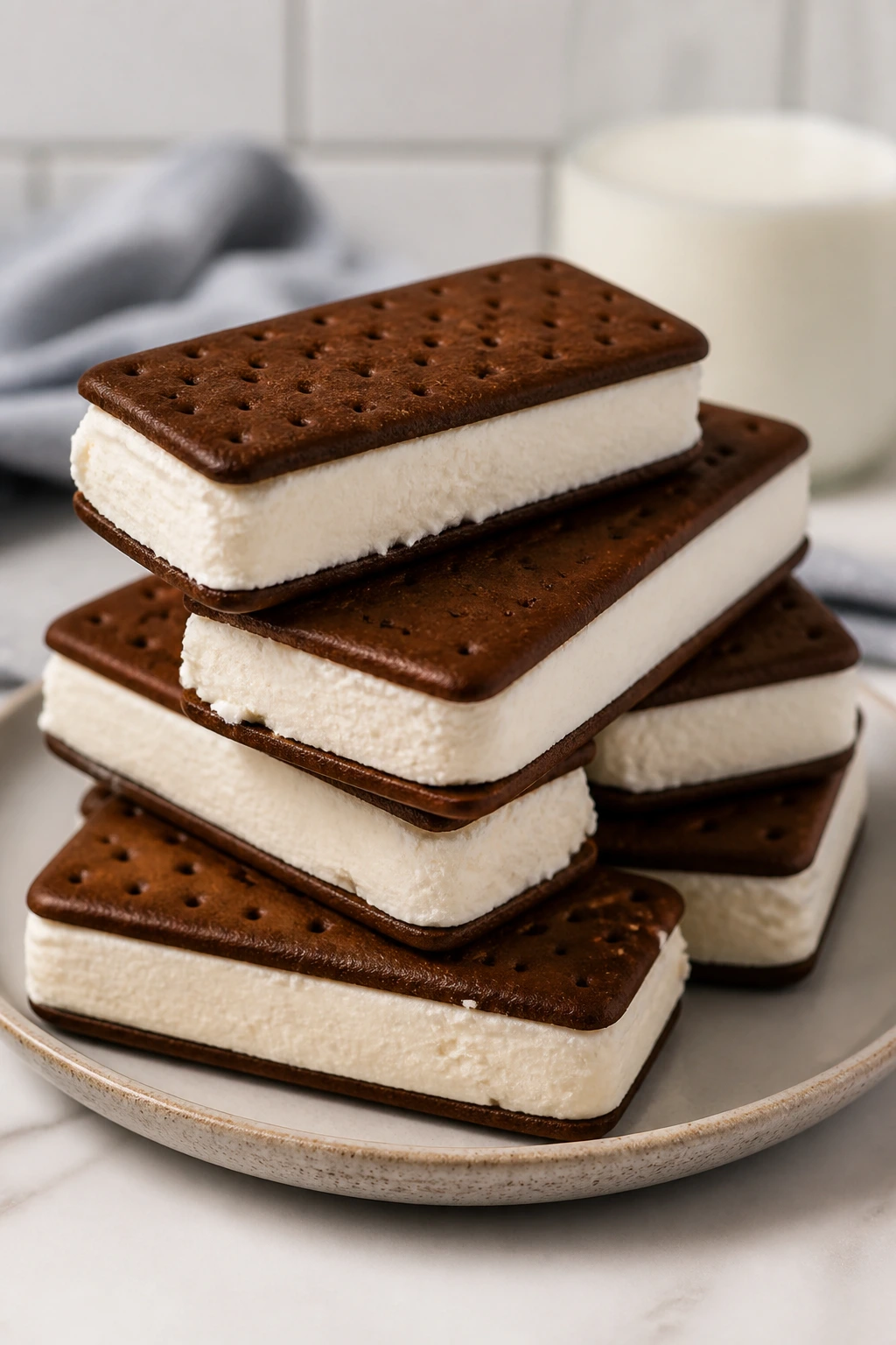 Stack of ice cream sandwiches on plate in a kitchen