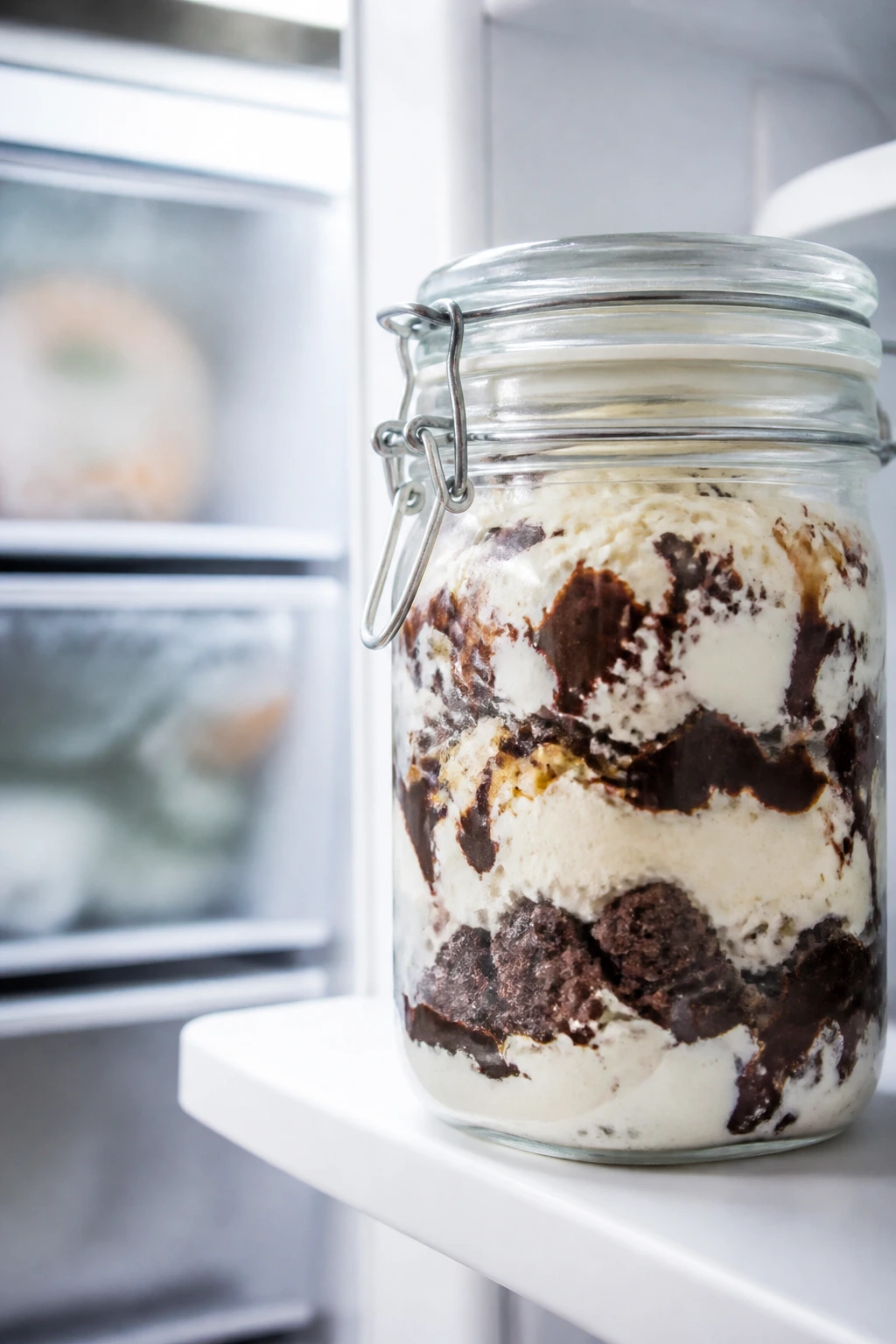 Jar of layered no-churn ice cream on kitchen shelf