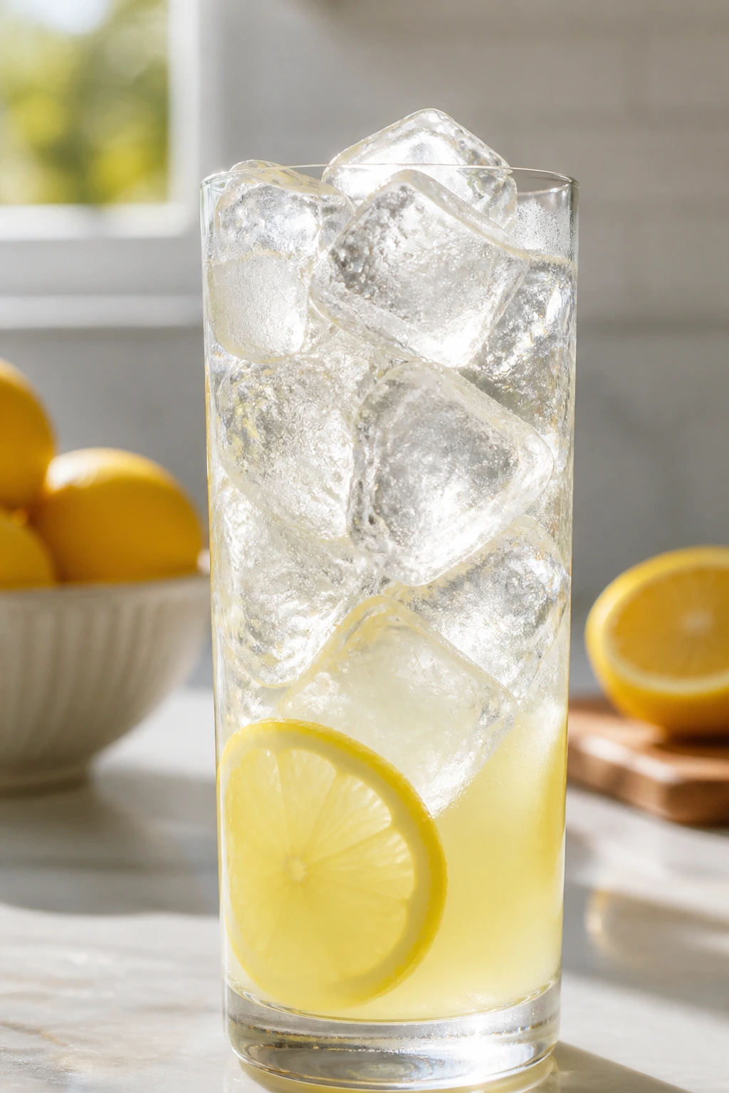 Tall glass with large ice cubes on a kitchen counter