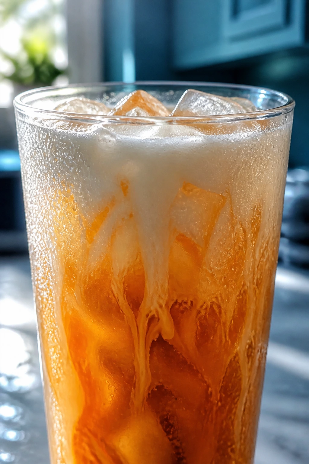 Condensation on a glass of iced tropical Thai tea with visible ice.