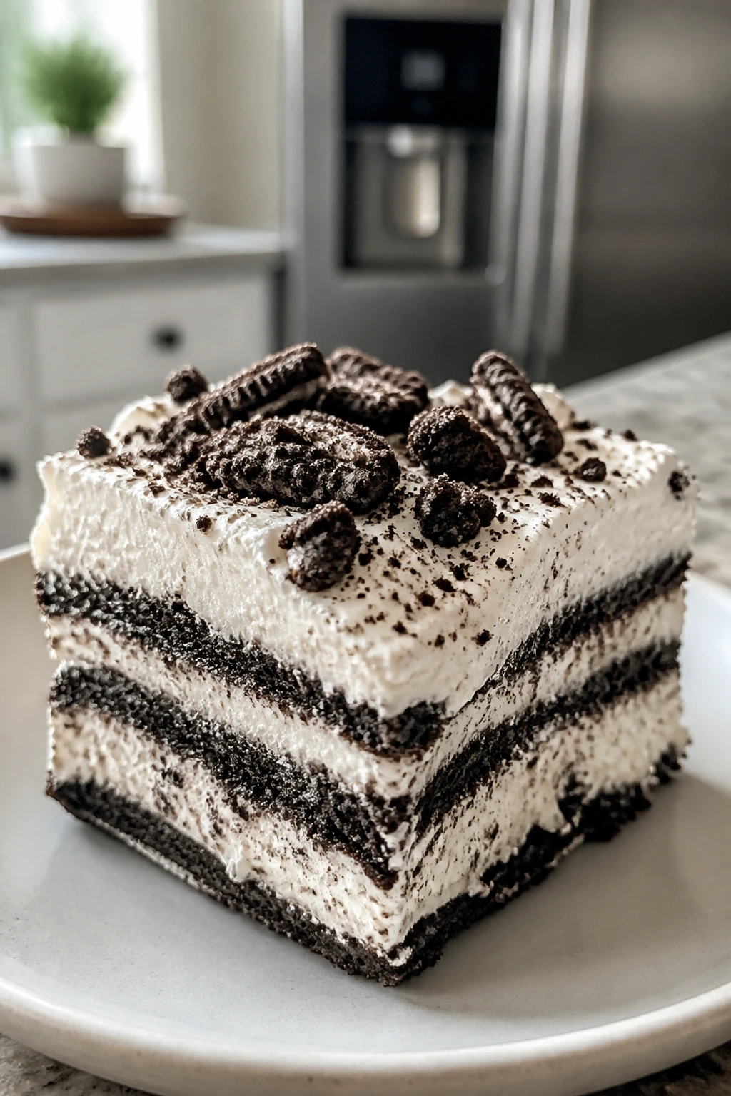 Close-up of an icebox cake square with layered cookies and cream