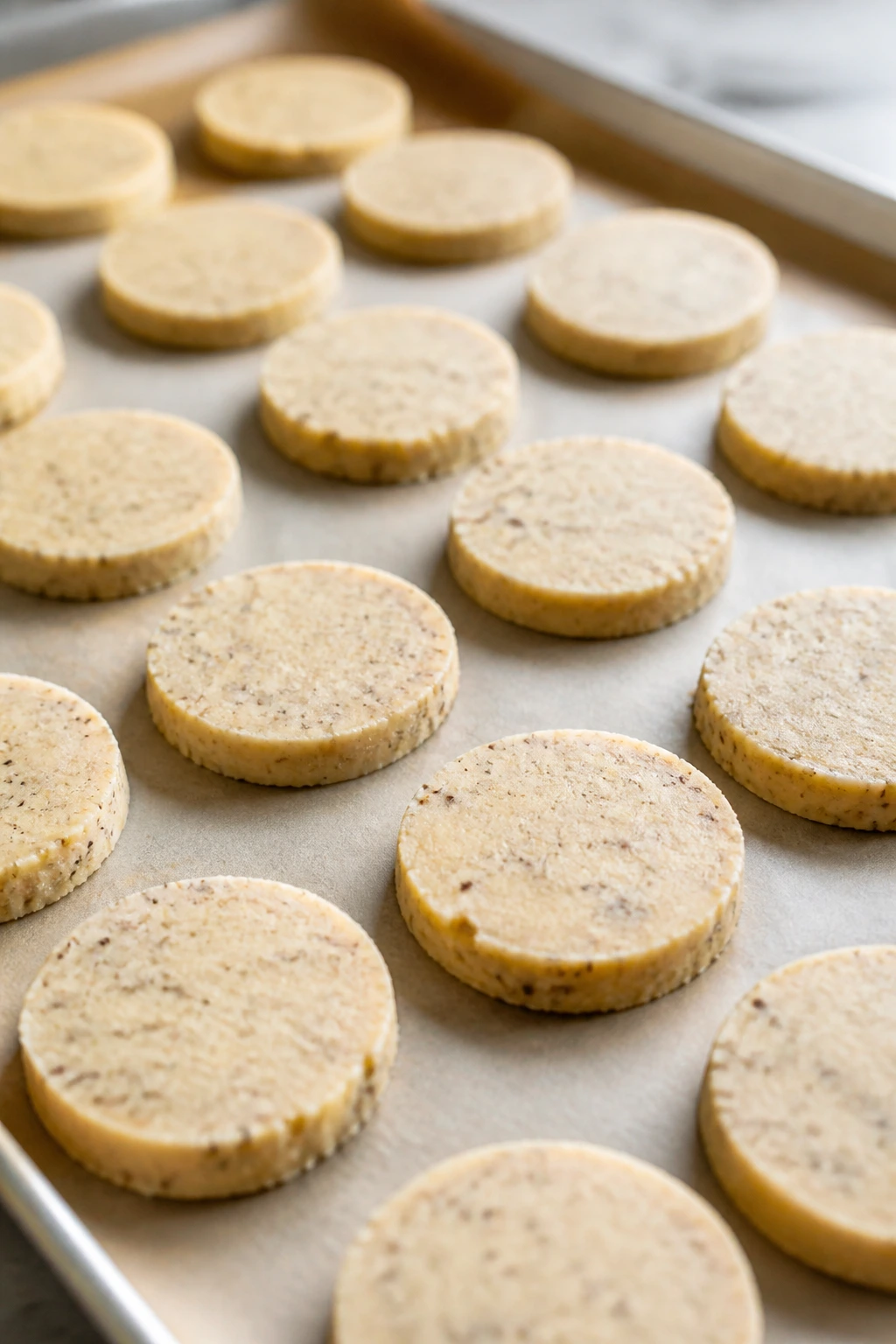 Close-up of icebox cookies sliced from rolled dough on a tray