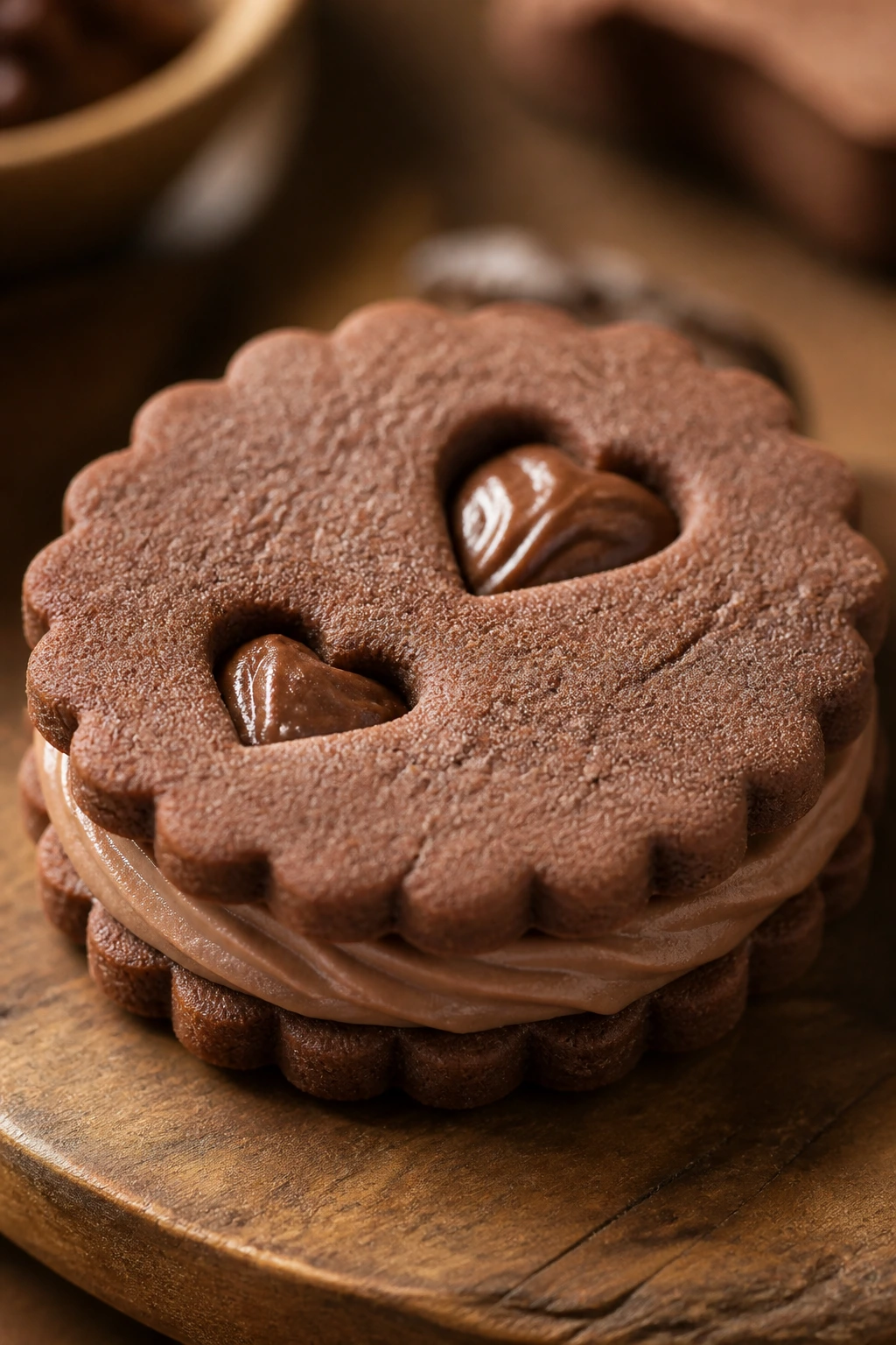 Close-up of icebox sandwich cookie on wooden board