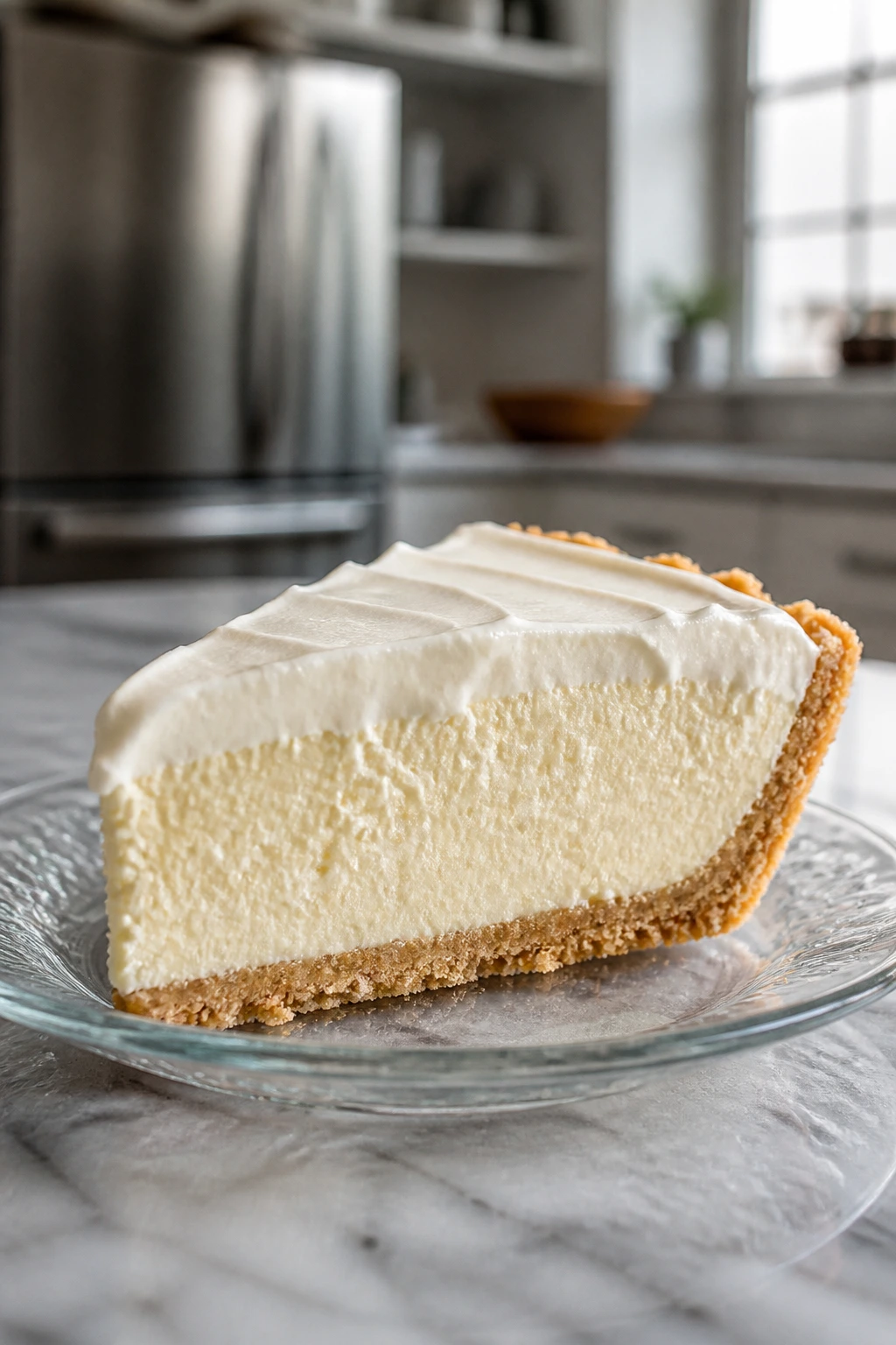 Close-up of icebox pie slice with shortbread crust on a plate in kitchen