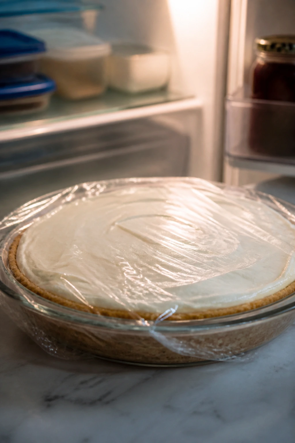 Chilled icebox pie ready for storage in a glass pie dish.