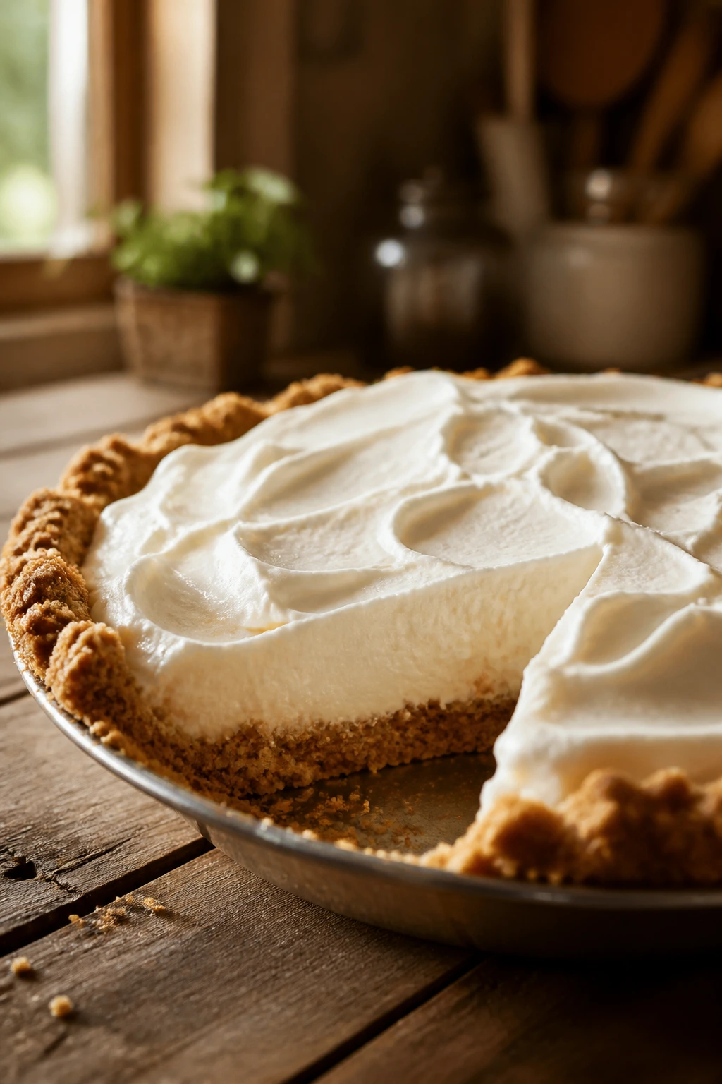 Close-up of a chilled icebox pie with toasted crust on a wooden surface.