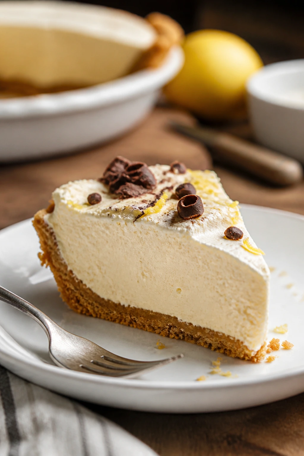 Close-up of icebox pie slice with lemon zest and chocolate curl toppings.