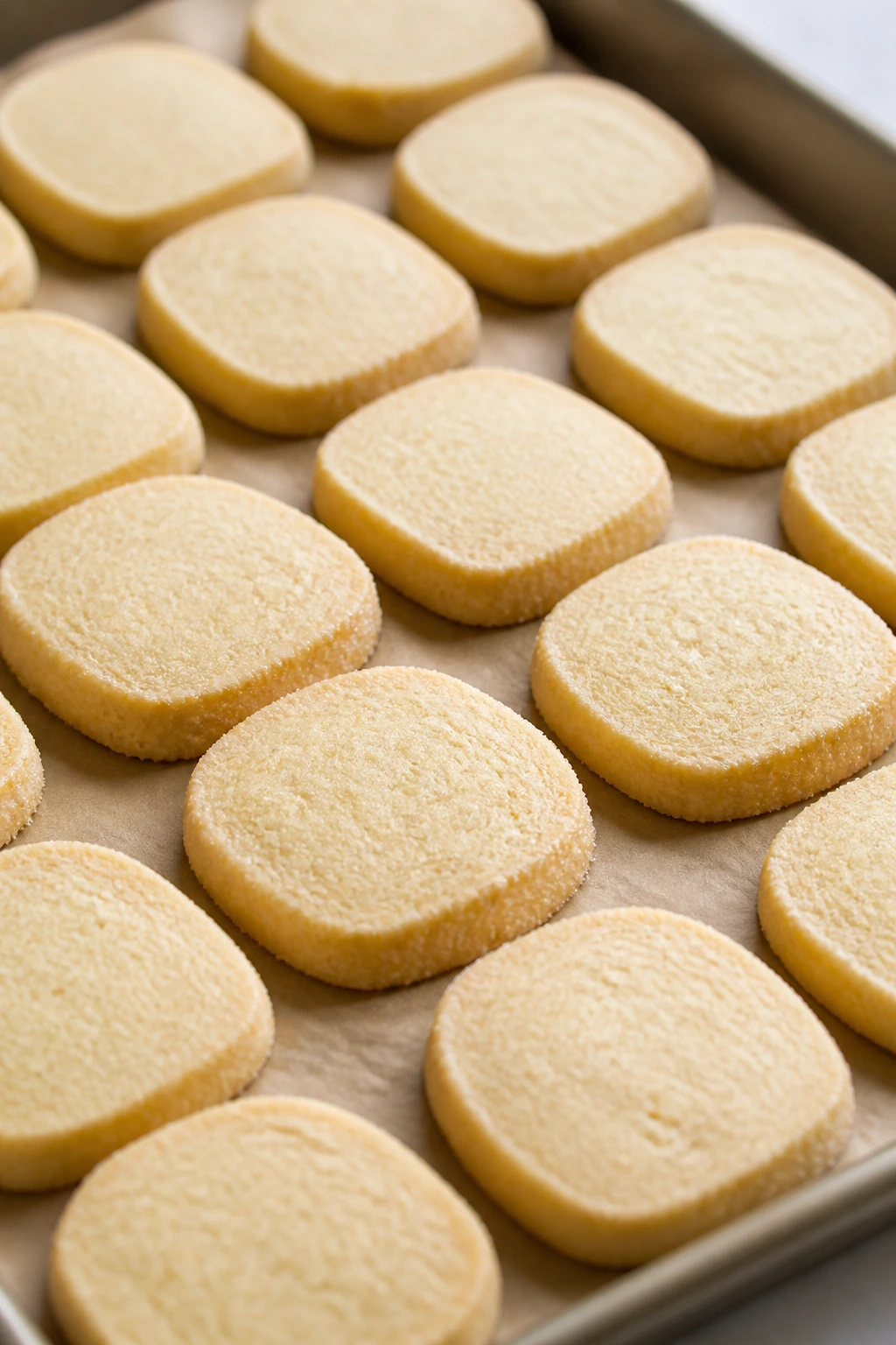 Close-up of vanilla sugar cookies sliced from a chilled log on parchment