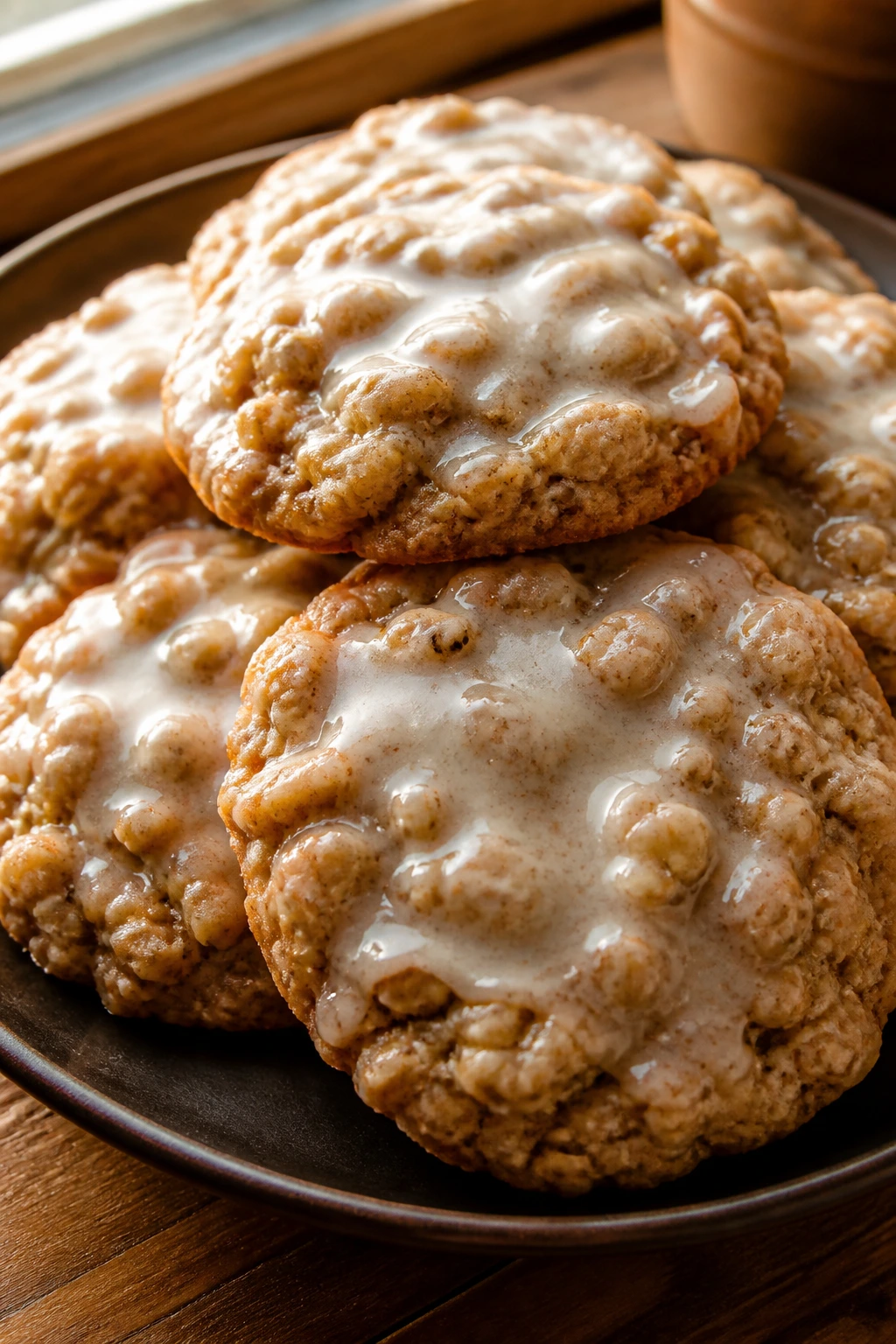 Close-up of iced oatmeal cookies with white glaze on a dark plate