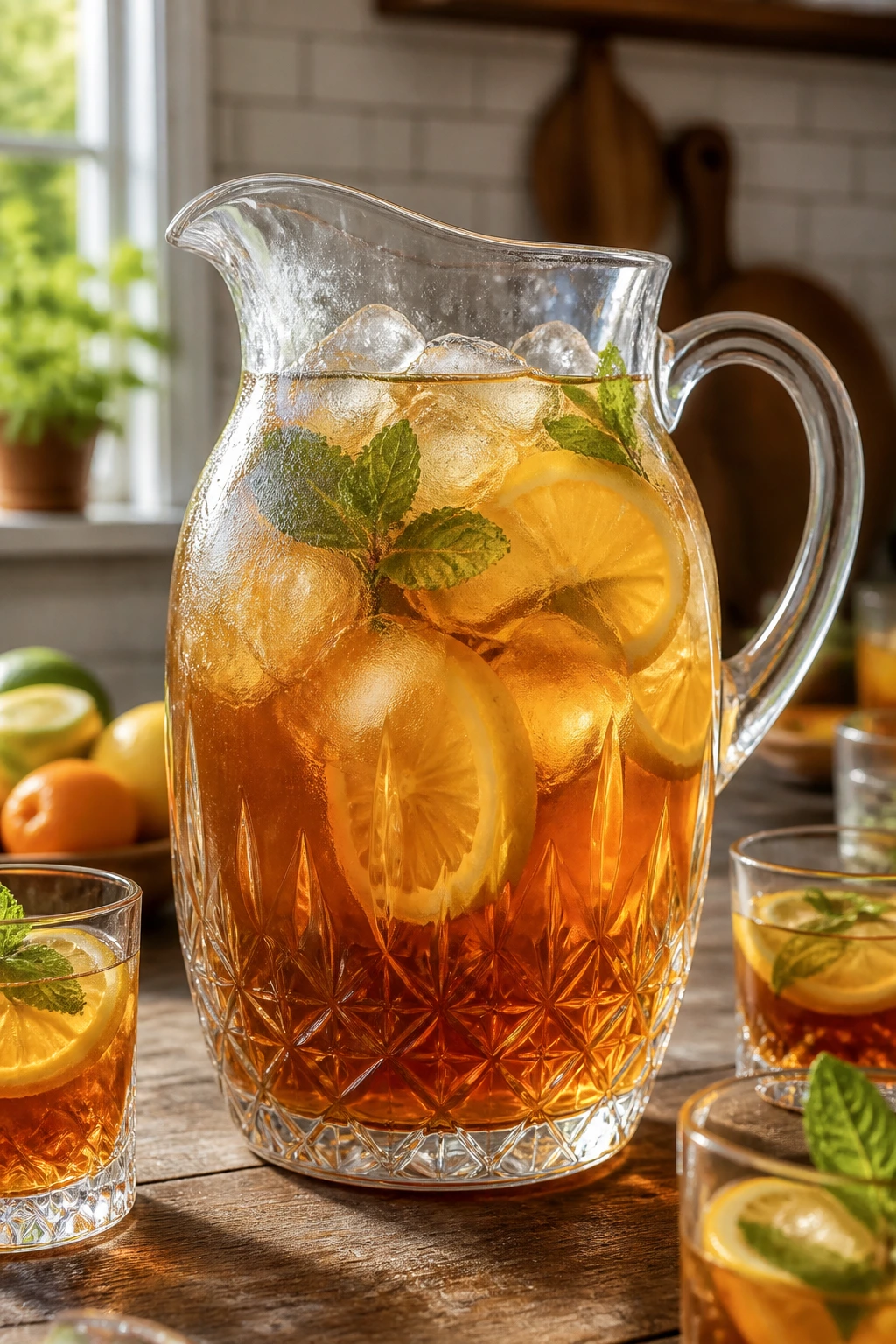 Close-up of iced tea pitcher with glasses in warm kitchen setting