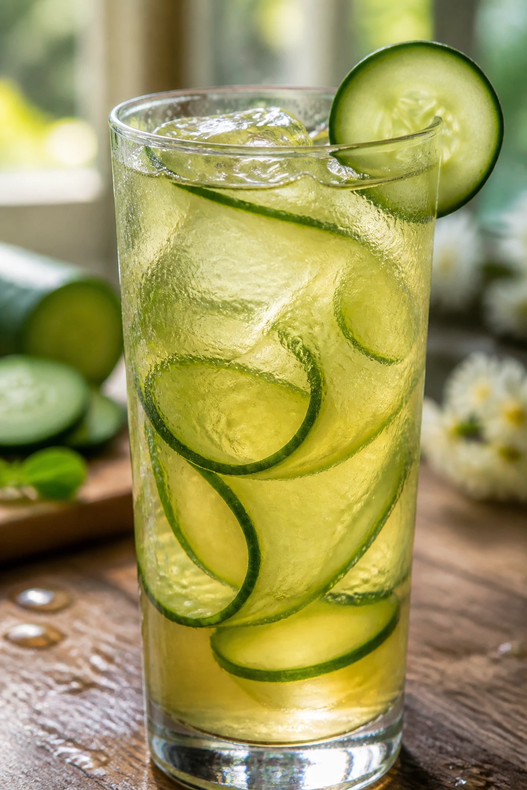 Close-up glass of cucumber jasmine tea with cucumber ribbons on a sunny wooden counter