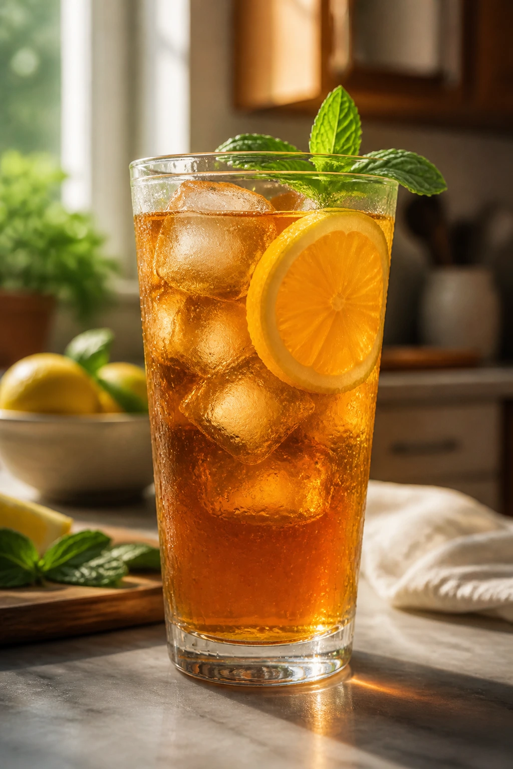 Glass of iced tea with lemon and mint; condensation on glass
