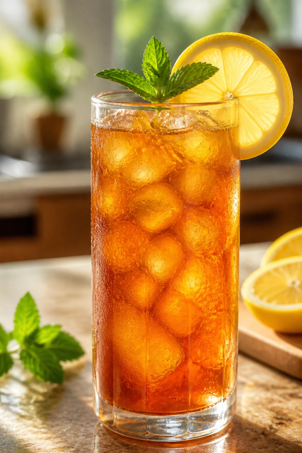Close-up of a tall glass of iced tea with lemon and mint on a kitchen counter