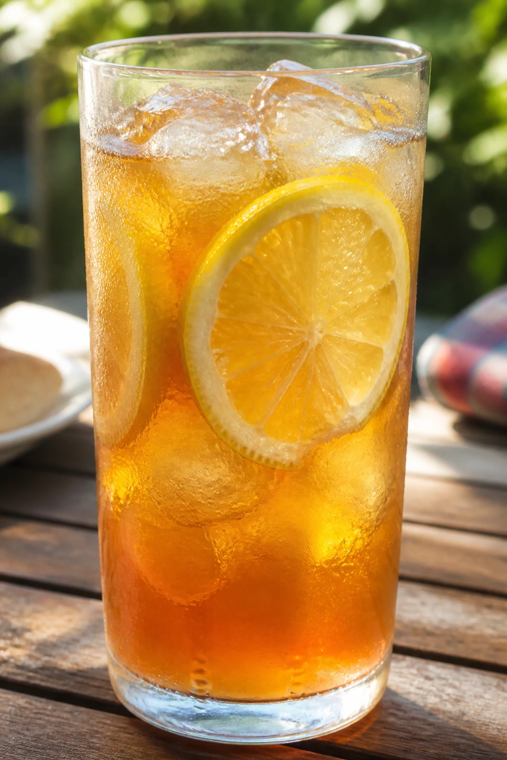Tall glass of iced tea lemonade with lemon and ice on a picnic table.