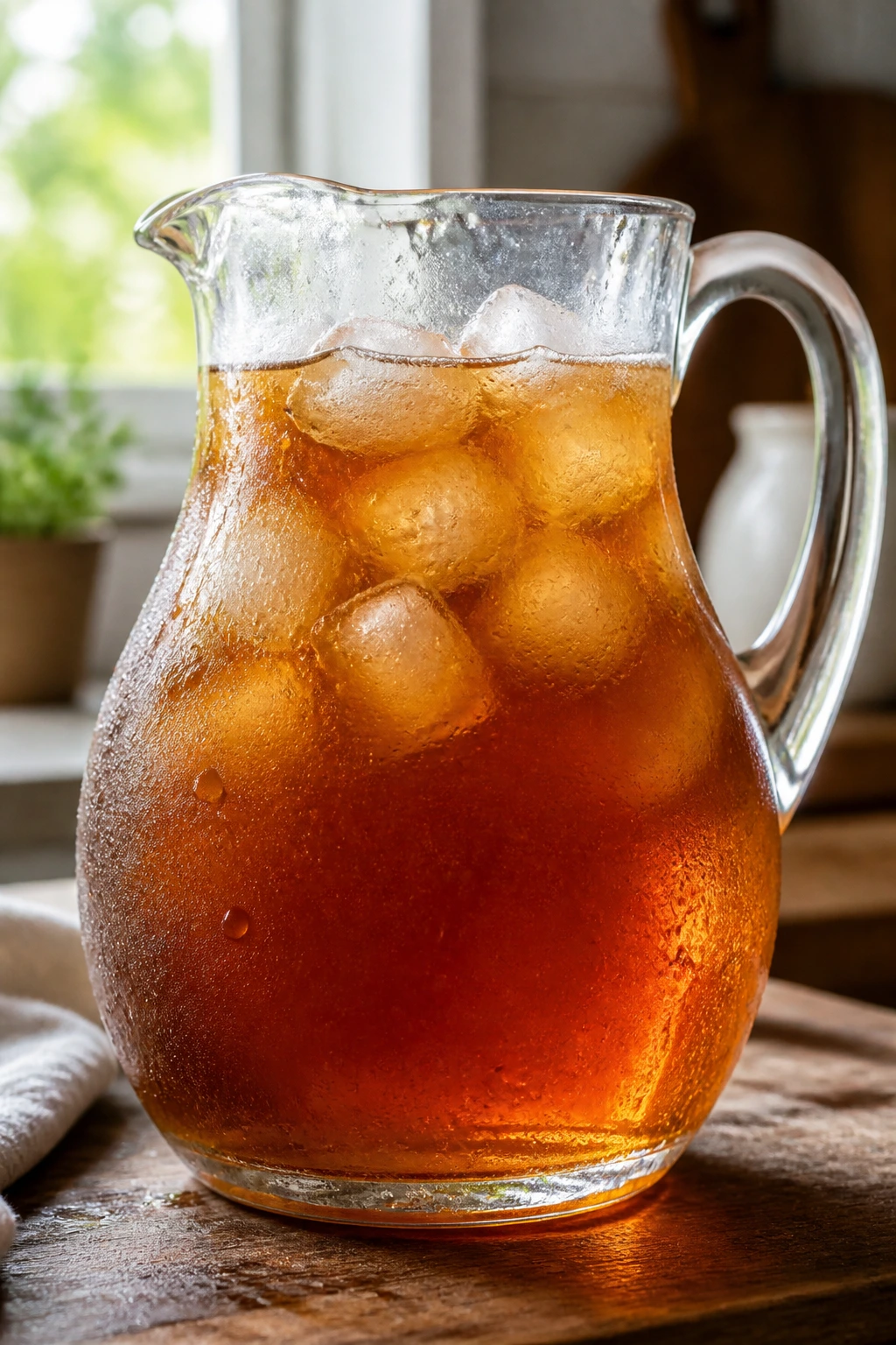 Close-up of amber iced tea in a glass pitcher with condensation on the surface