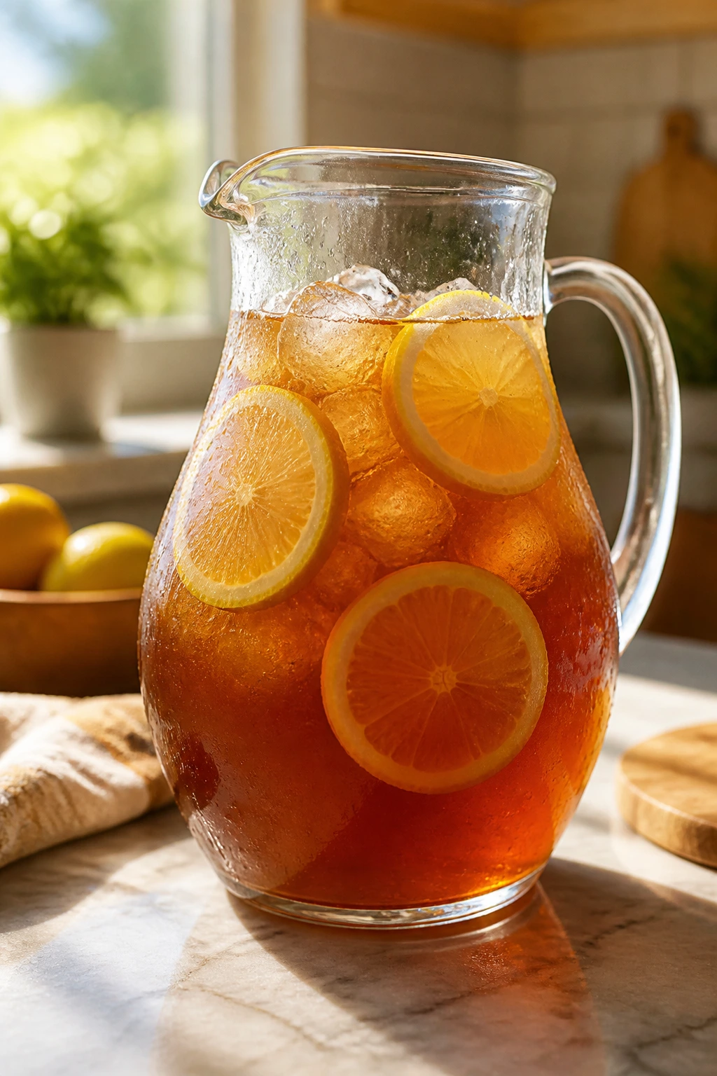 Pitcher of iced tea on a sunlit kitchen counter.
