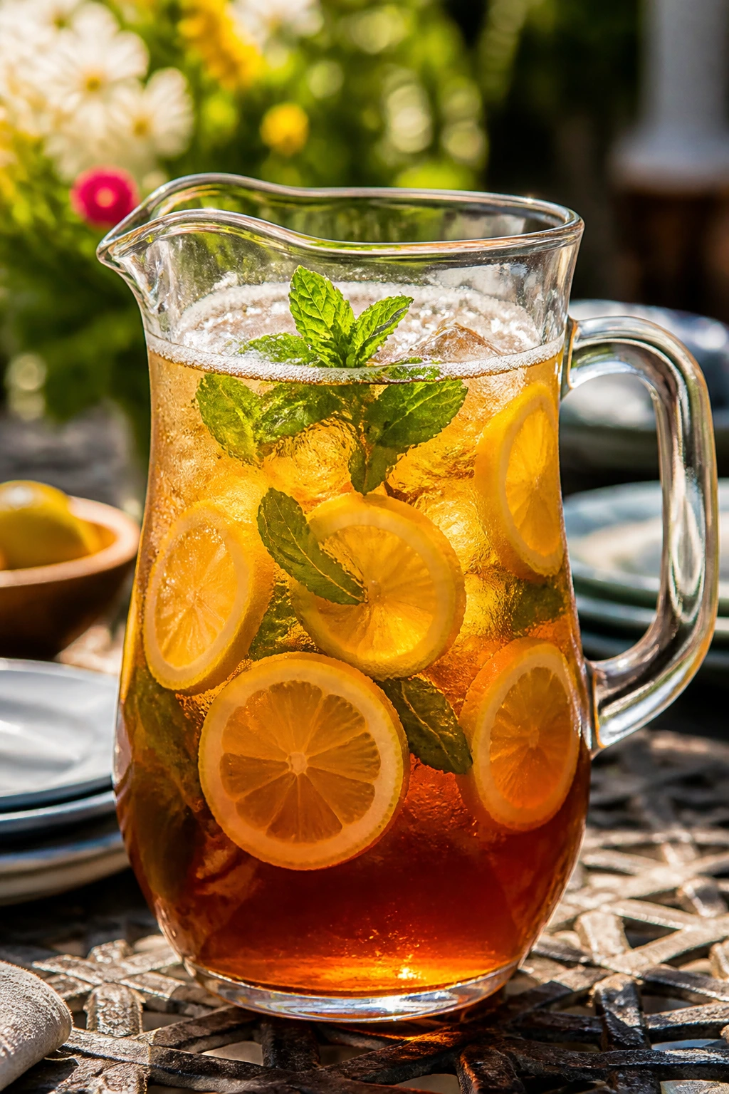 Iced tea pitcher on patio table ready for a crowd