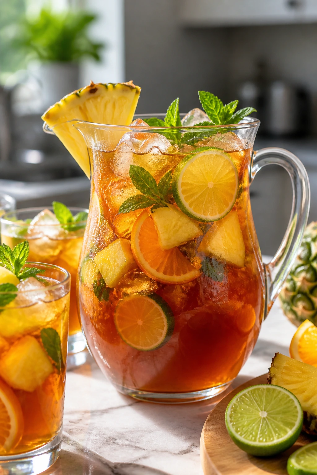 Close-up of tropical iced tea pitcher with citrus and mint garnishes on a sunny kitchen counter