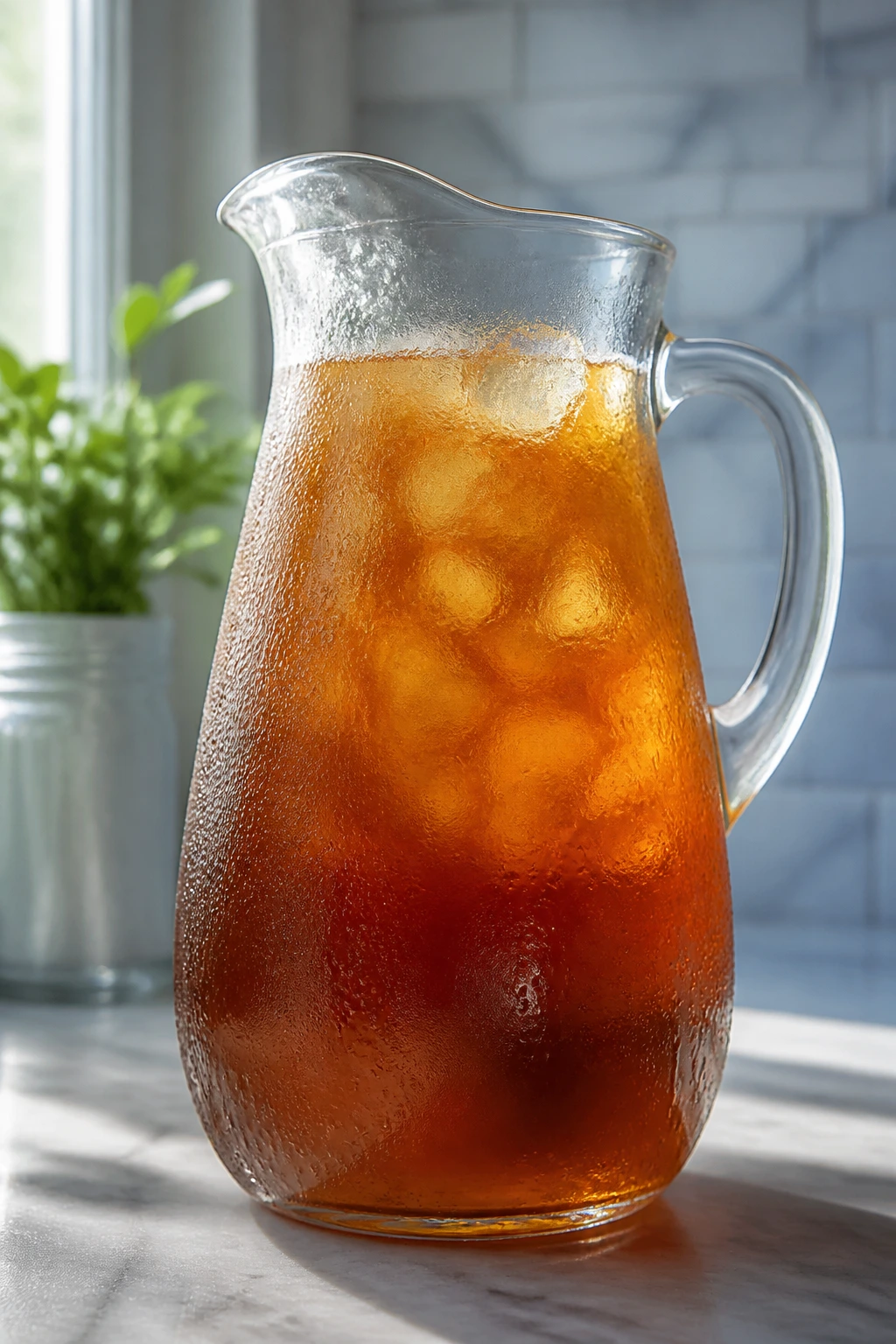 Pitcher of iced tea on a kitchen counter in a bright setting.