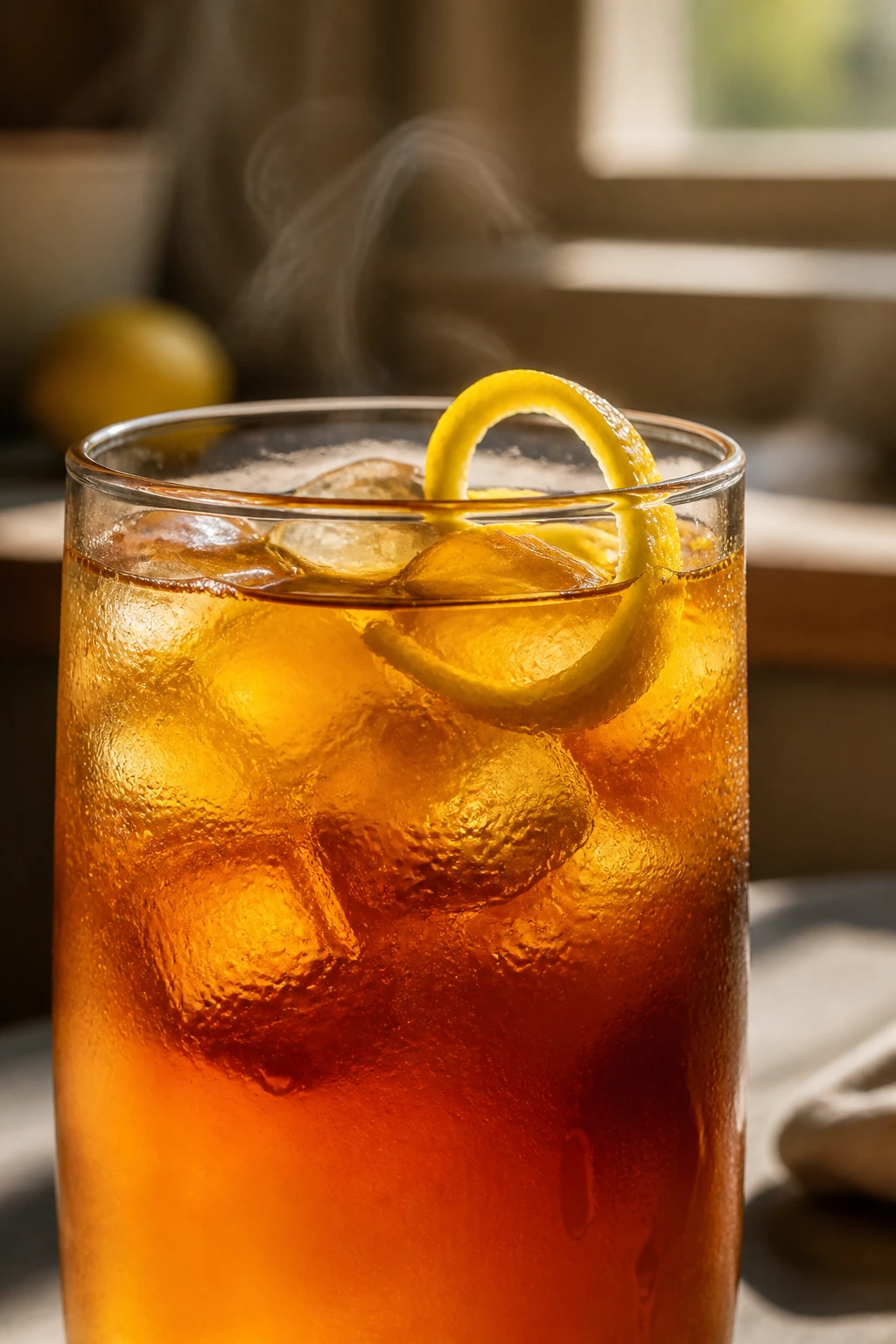 Close-up iced tea glass with lemon zest, highlighting small flavor tweaks.