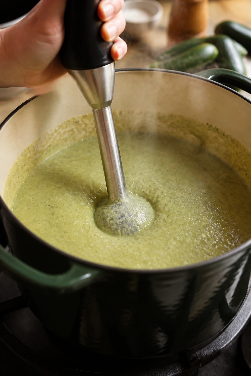 Immersion blender blending zucchini soup in a pot