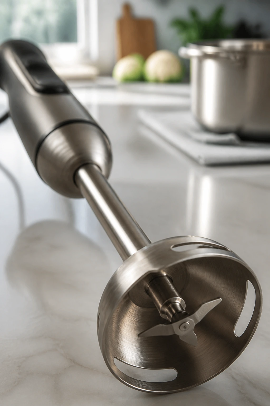 Immersion blender on a clean kitchen counter in soft light