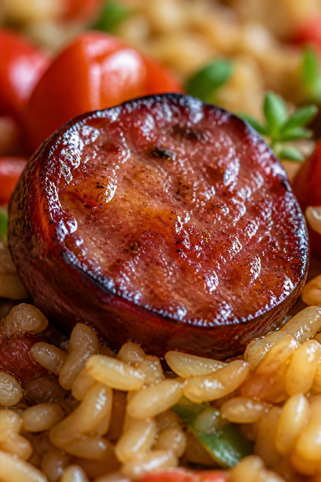 Glazed sausage slice with rice highlighting ingredient balance