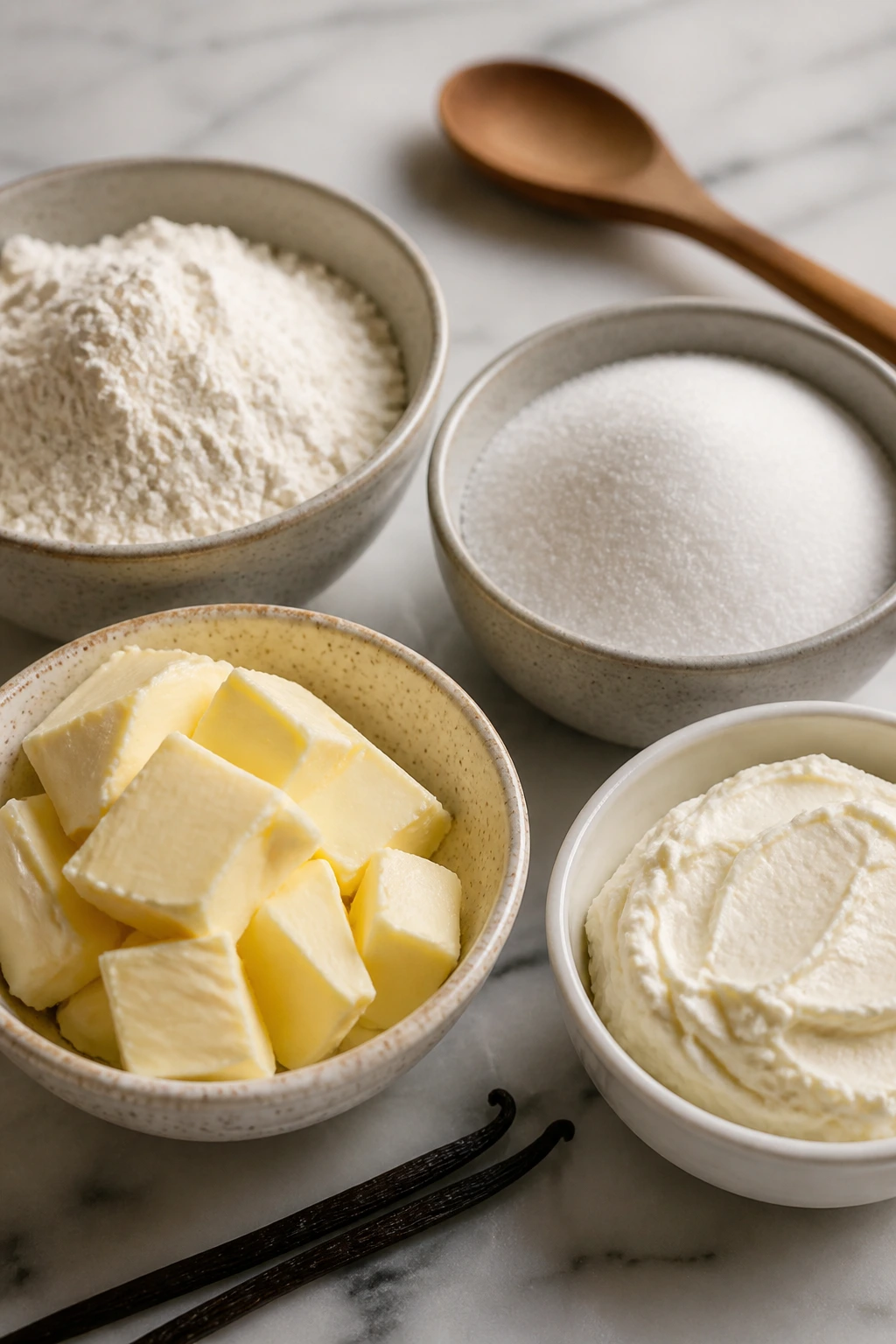 Close-up of key cake ingredients in small bowls on counter