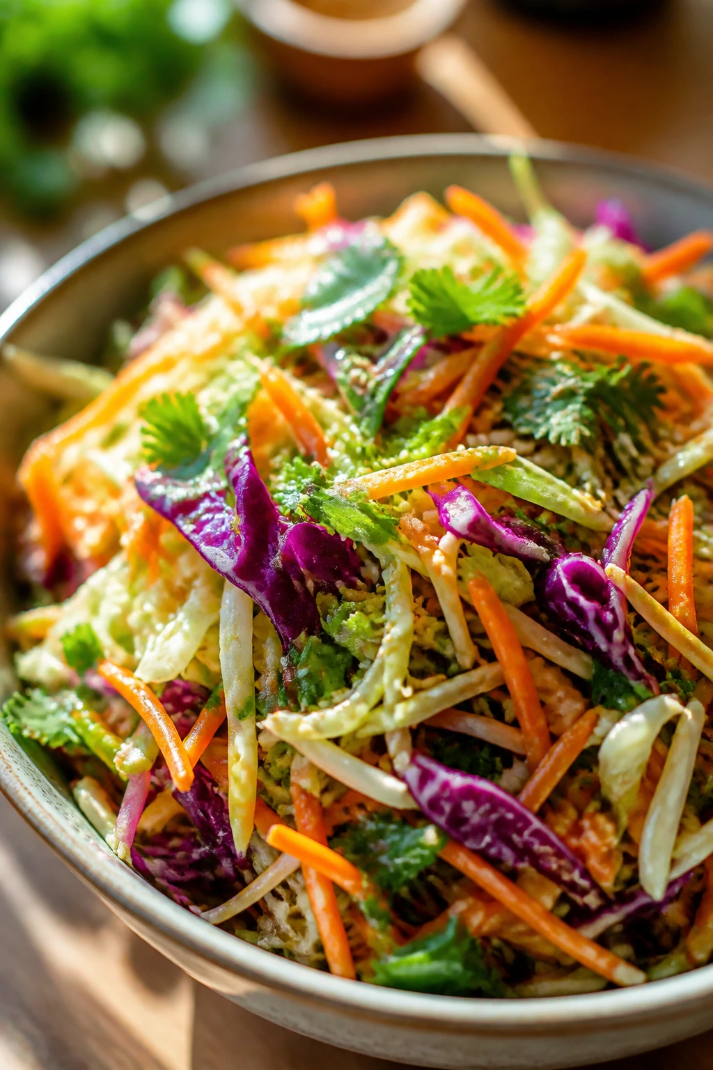 Vibrant Asian slaw showing balanced colors and fresh herbs