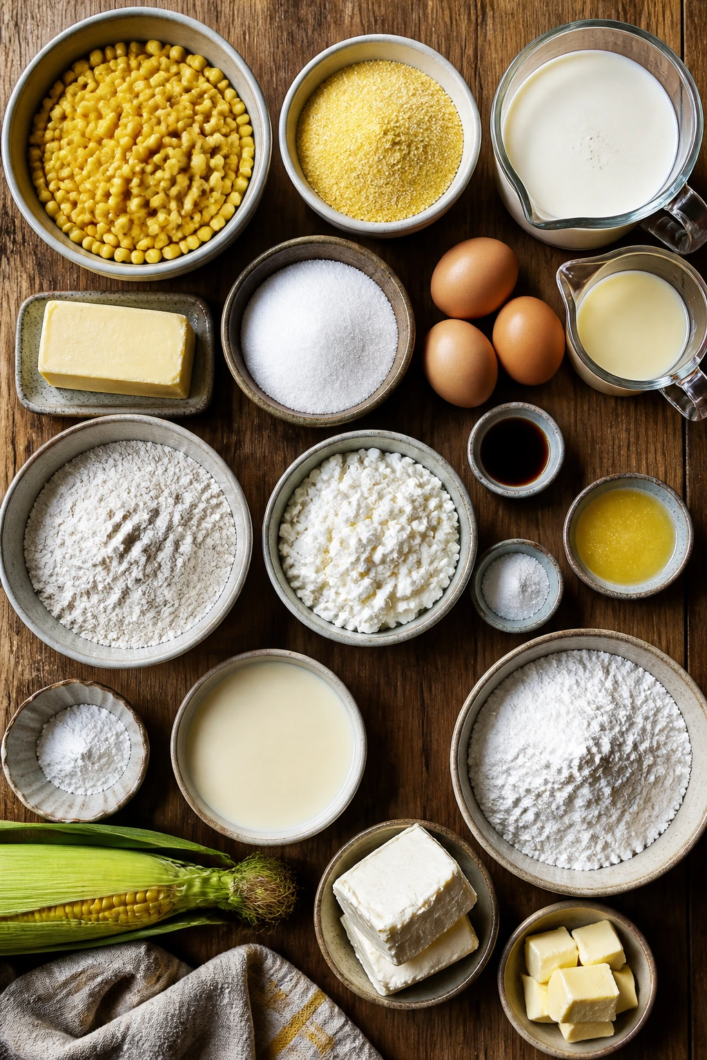 Top-down lineup of bowls and measuring tools with ingredients on a wooden counter