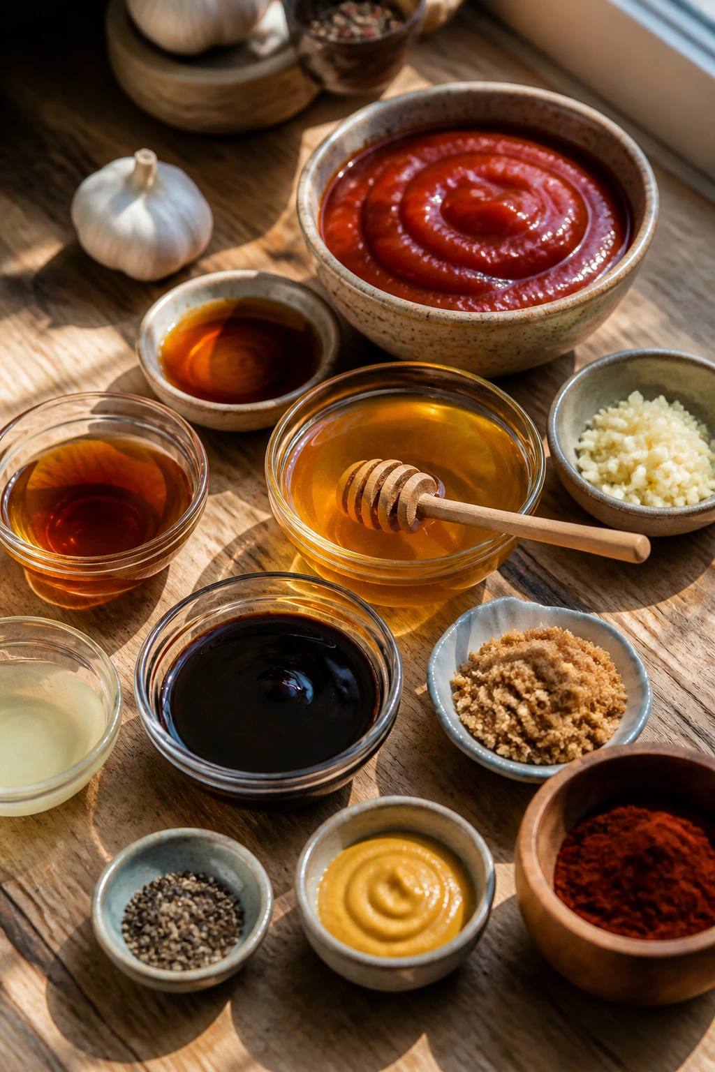 Top-down view of clean ingredient bowls for smoky honey BBQ sauce.