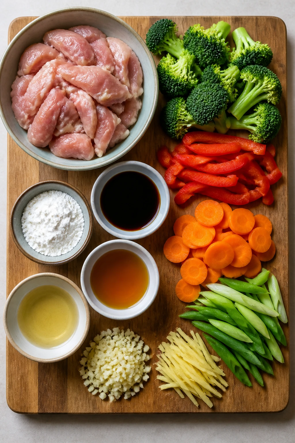 Top-down lineup of wok ingredients on cutting board