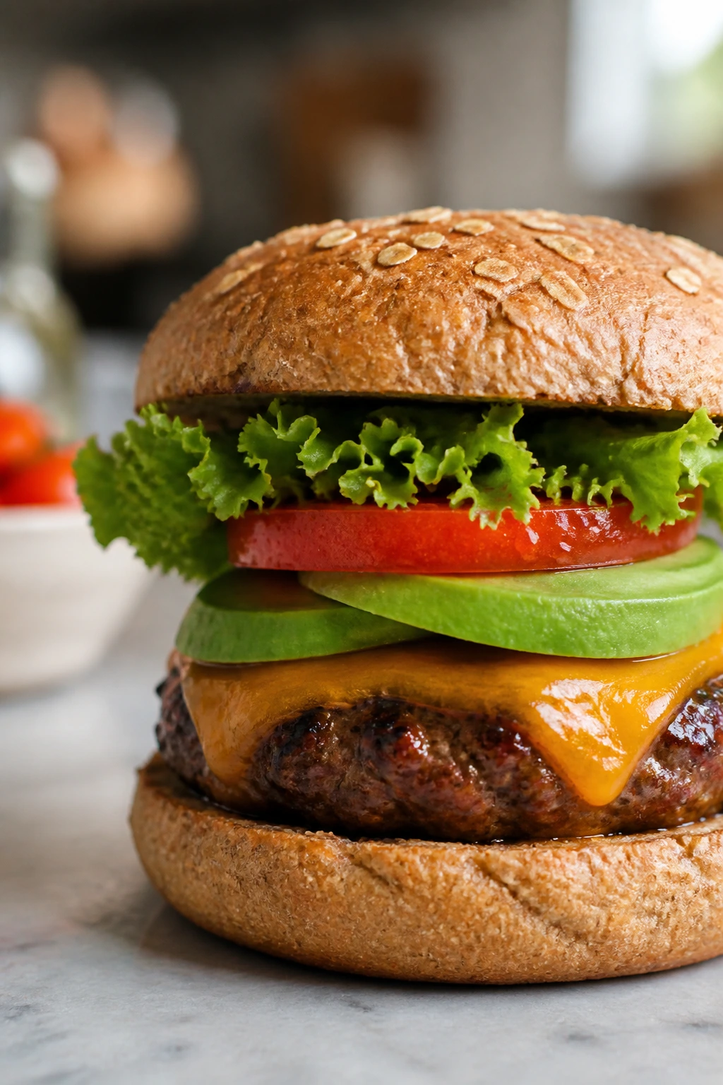 Juicy burger with lettuce, tomato, avocado on whole-grain bun