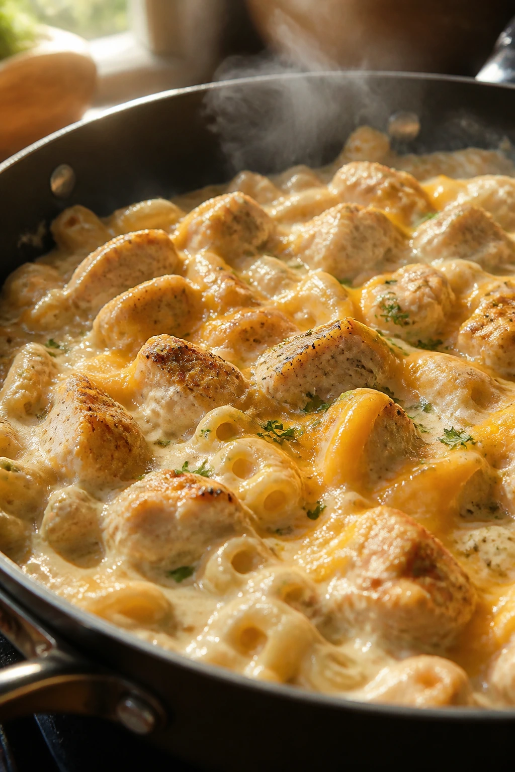 Skillet with creamy sauce and chicken pieces melting into cheese