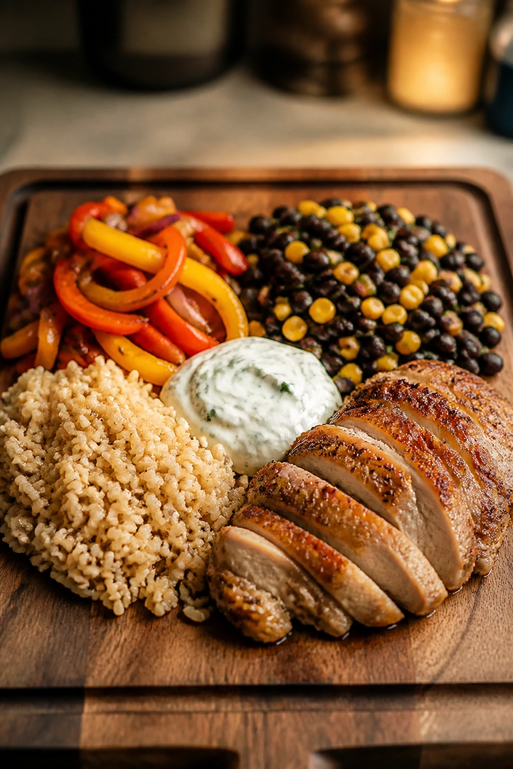 Close-up of chicken, rice, peppers, beans, corn and yogurt sauce arranged for visual emphasis