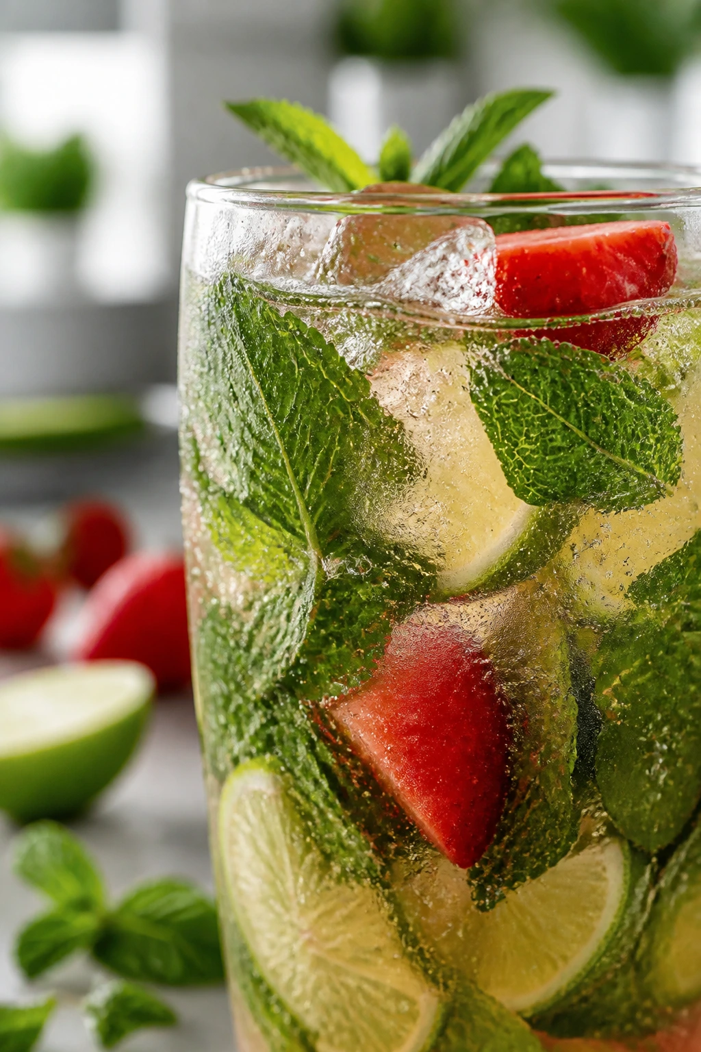 Mojito glass with mint lime and strawberry close-up