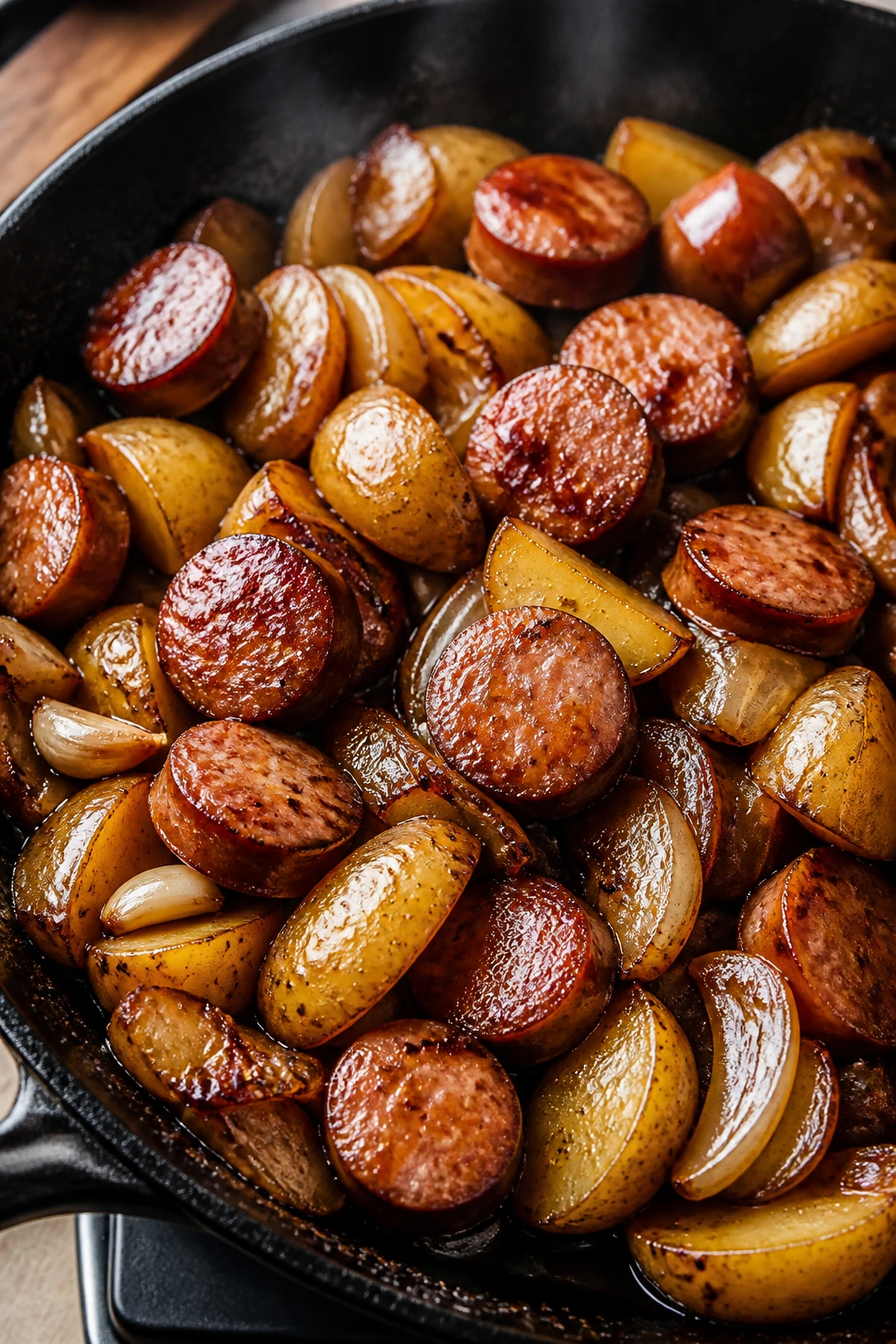 Skillet contents showing sausage, potatoes, onion, and garlic with glaze