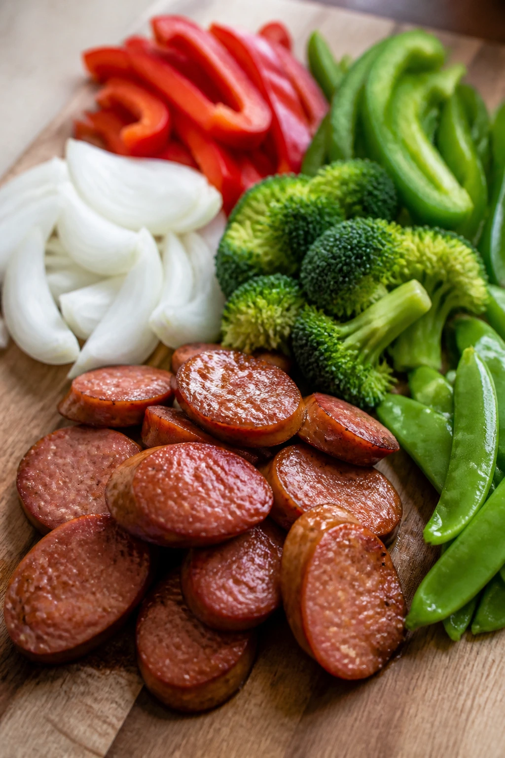 Ingredients arranged on a board showing their roles in the stir fry