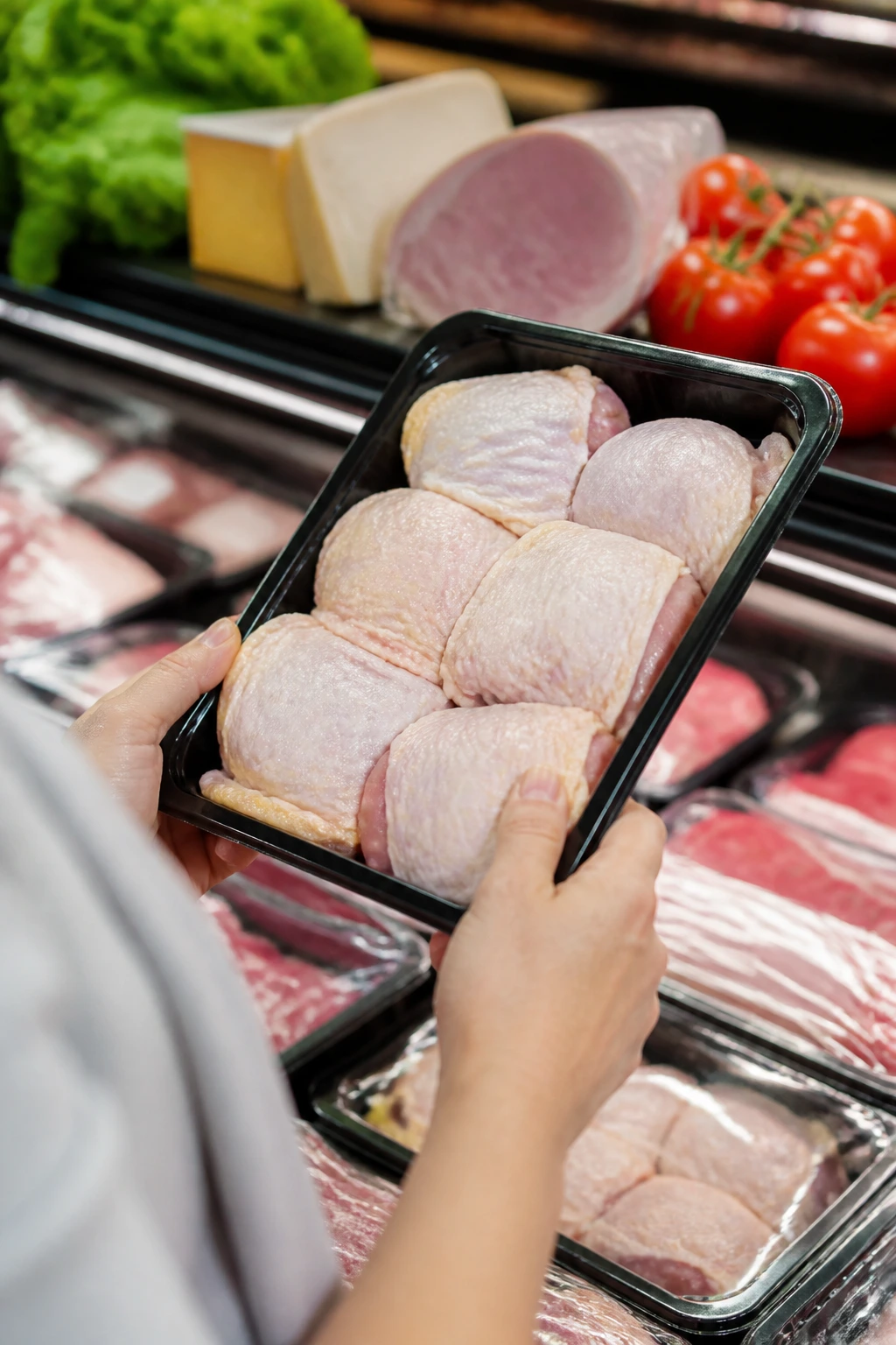 Hands selecting fresh thighs and cheese in a grocery store for smart shopping.