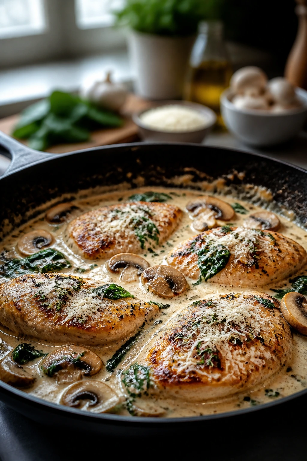 Creamy pan chicken with mushrooms and spinach in a skillet