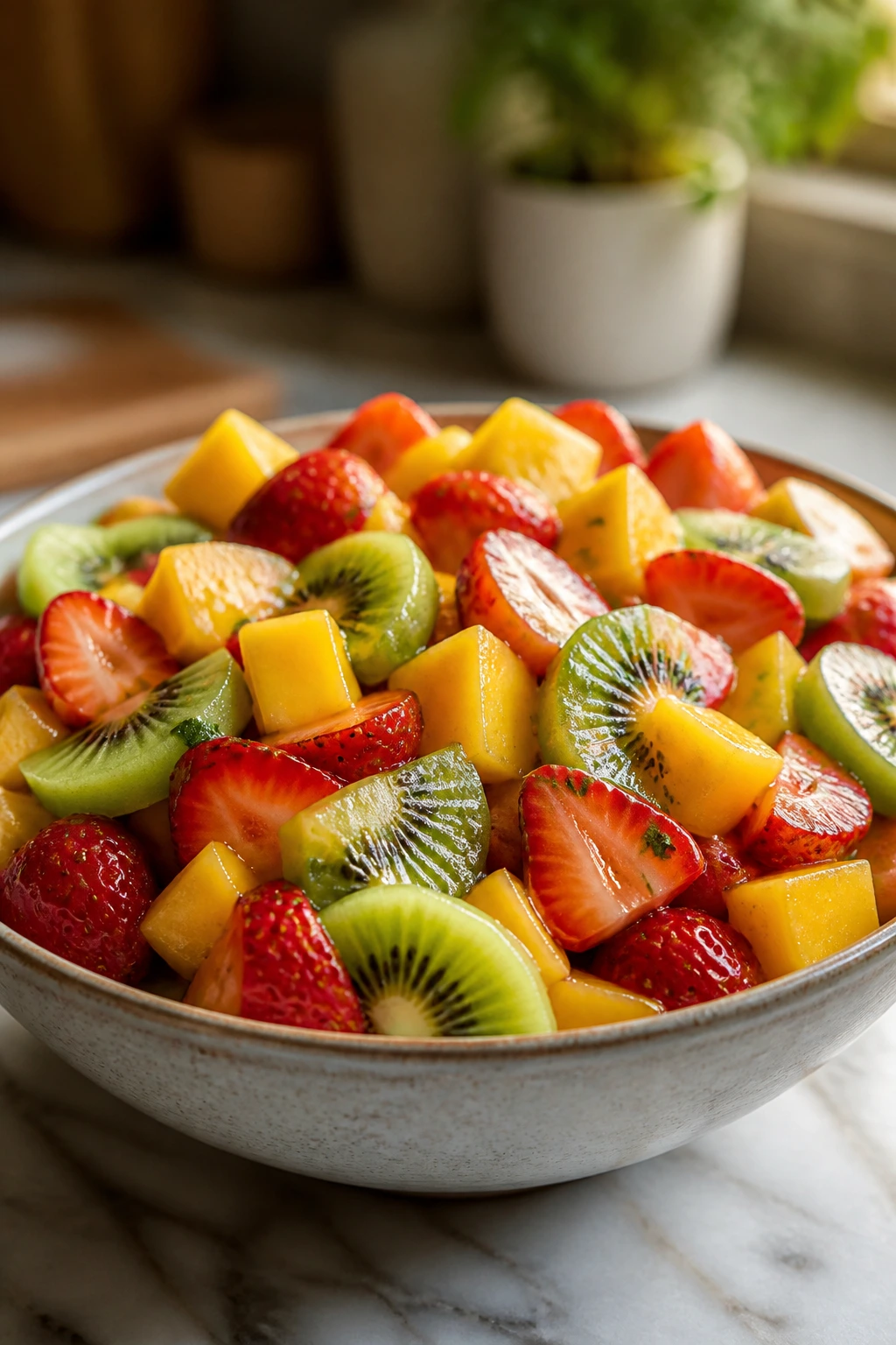 Close-up of a fruit salad highlighting strawberries, kiwi, and mango for texture and color