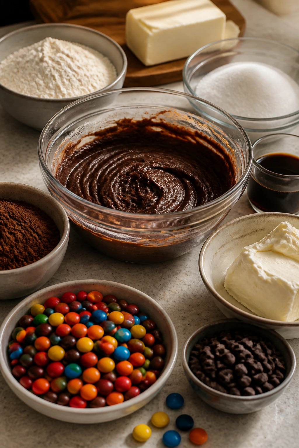Line-up of baking ingredients around a mixing bowl in a warm kitchen