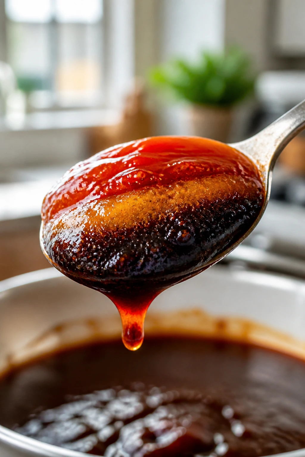 Spoonful of BBQ marinade showing multi-tone colors and textures.