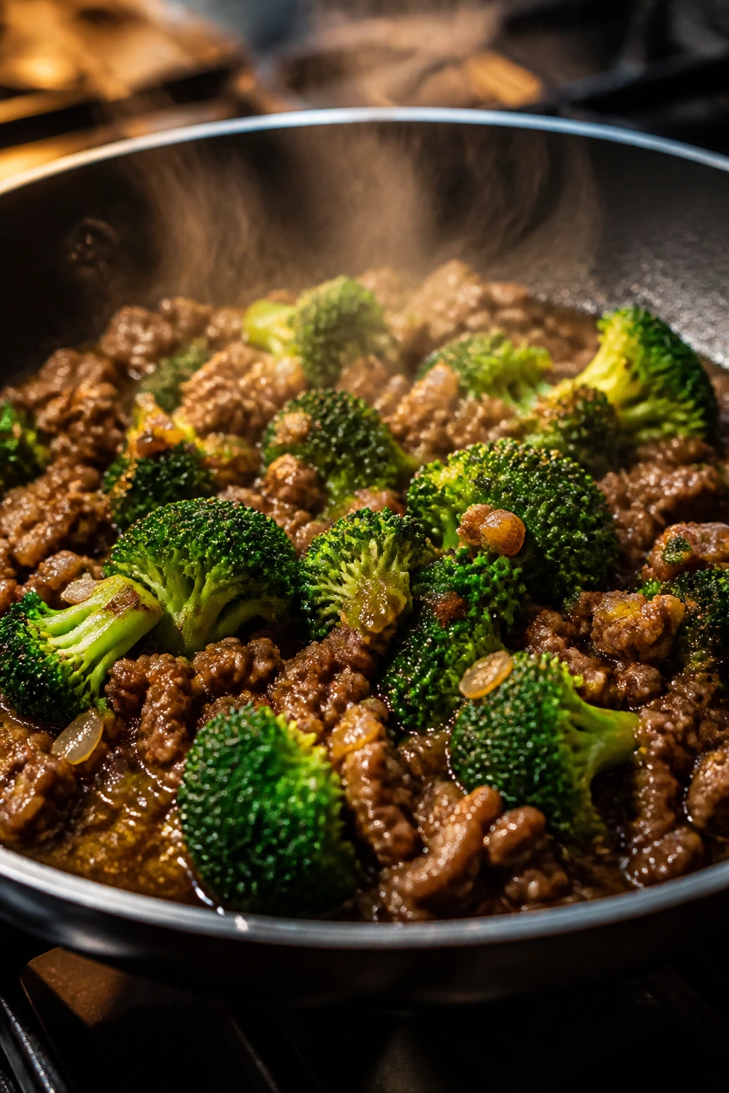 Beef crumbles and broccoli in skillet with glossy sauce