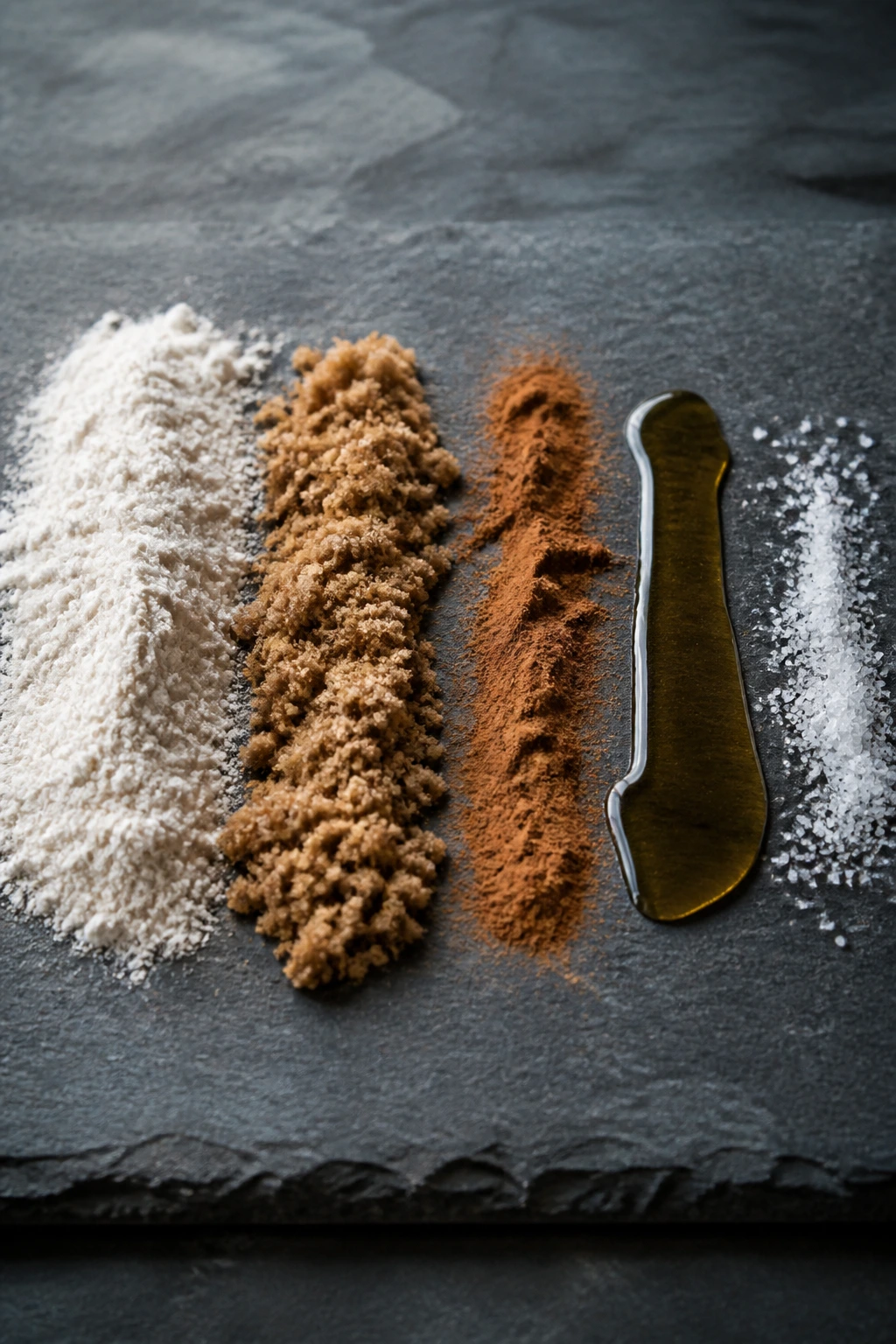 Row of ingredient portions showing texture and weight on slate